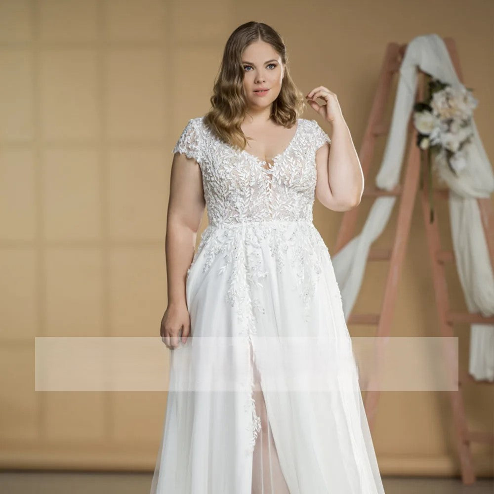 A-line bridal gown with floral lace and elegant side slit