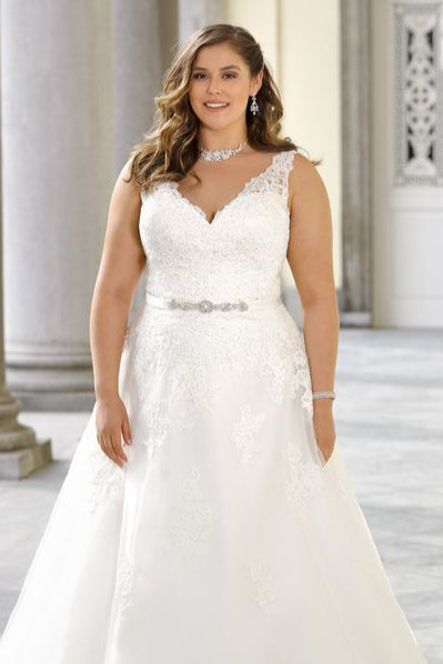 Elegant plus size gown with deep V-neck and lace back