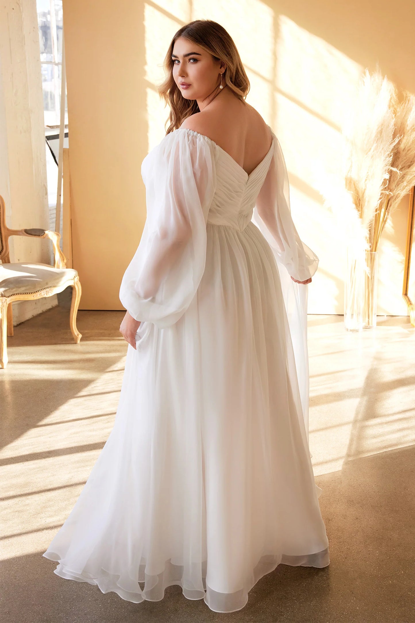 Closeup of double V-neck bodice on plus size chiffon wedding gown