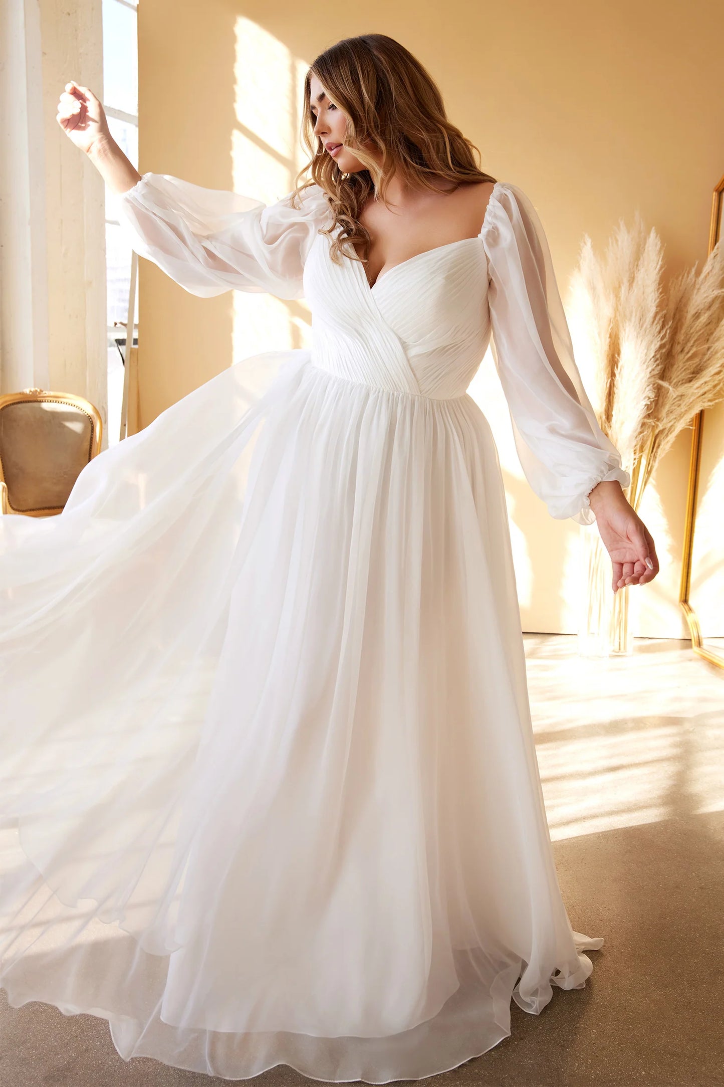 Plus size chiffon A-line wedding dress with puff sleeves front view