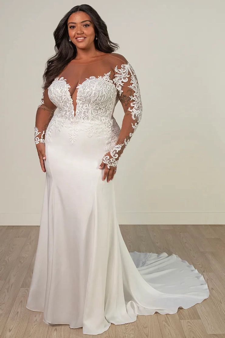 Back view of satin mermaid bridal gown with illusion back and buttons