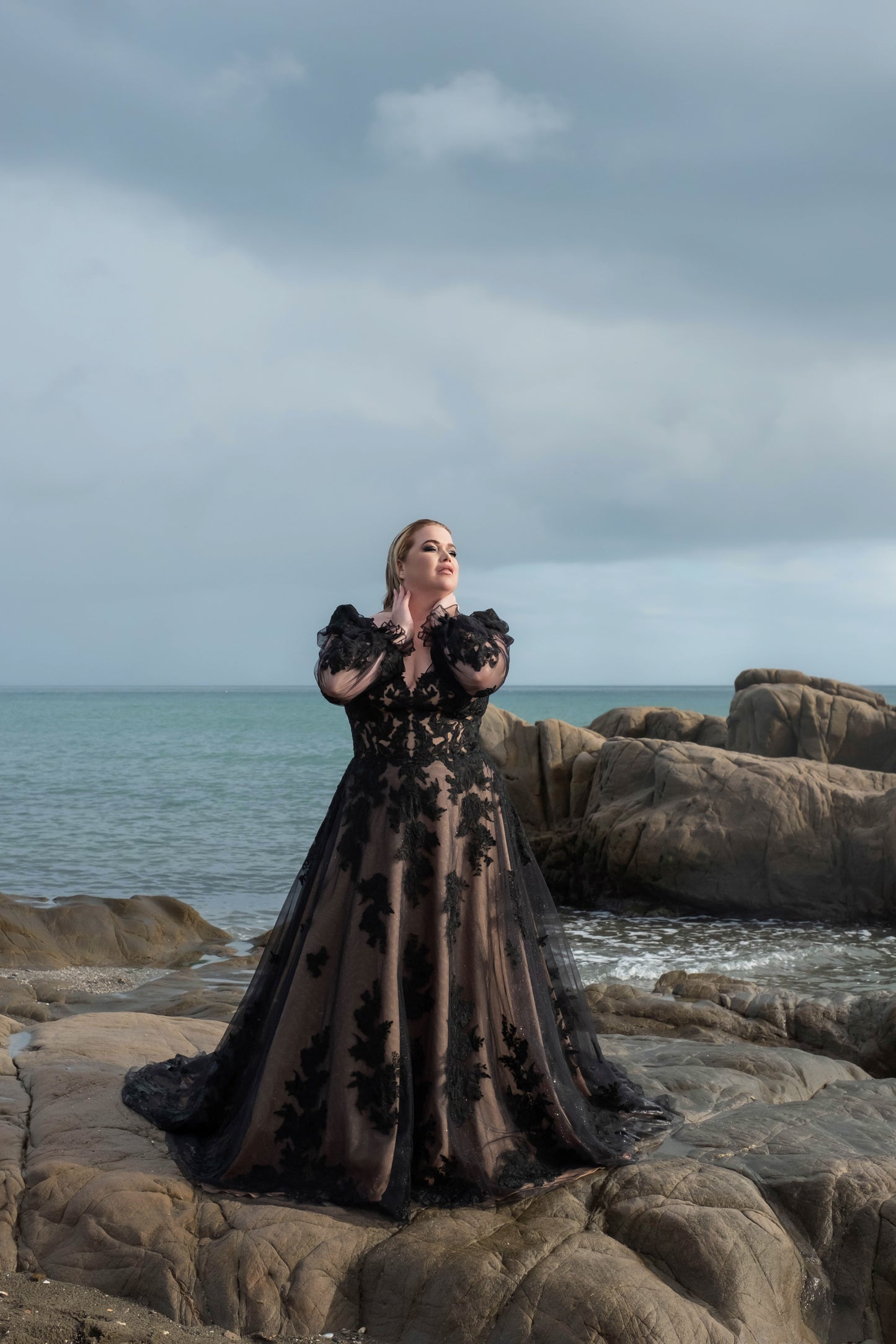 Elegant gothic black plus size wedding dress with soft structure and A-line cut
