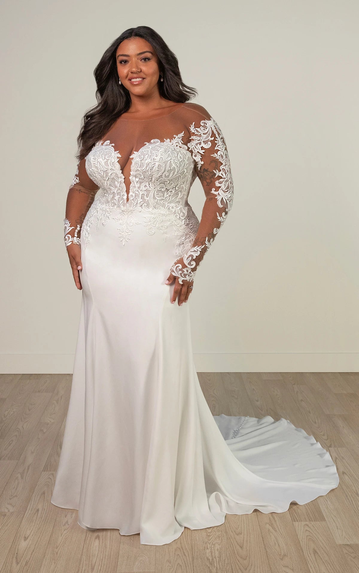 Elegant plus size satin wedding dress with backless design and train