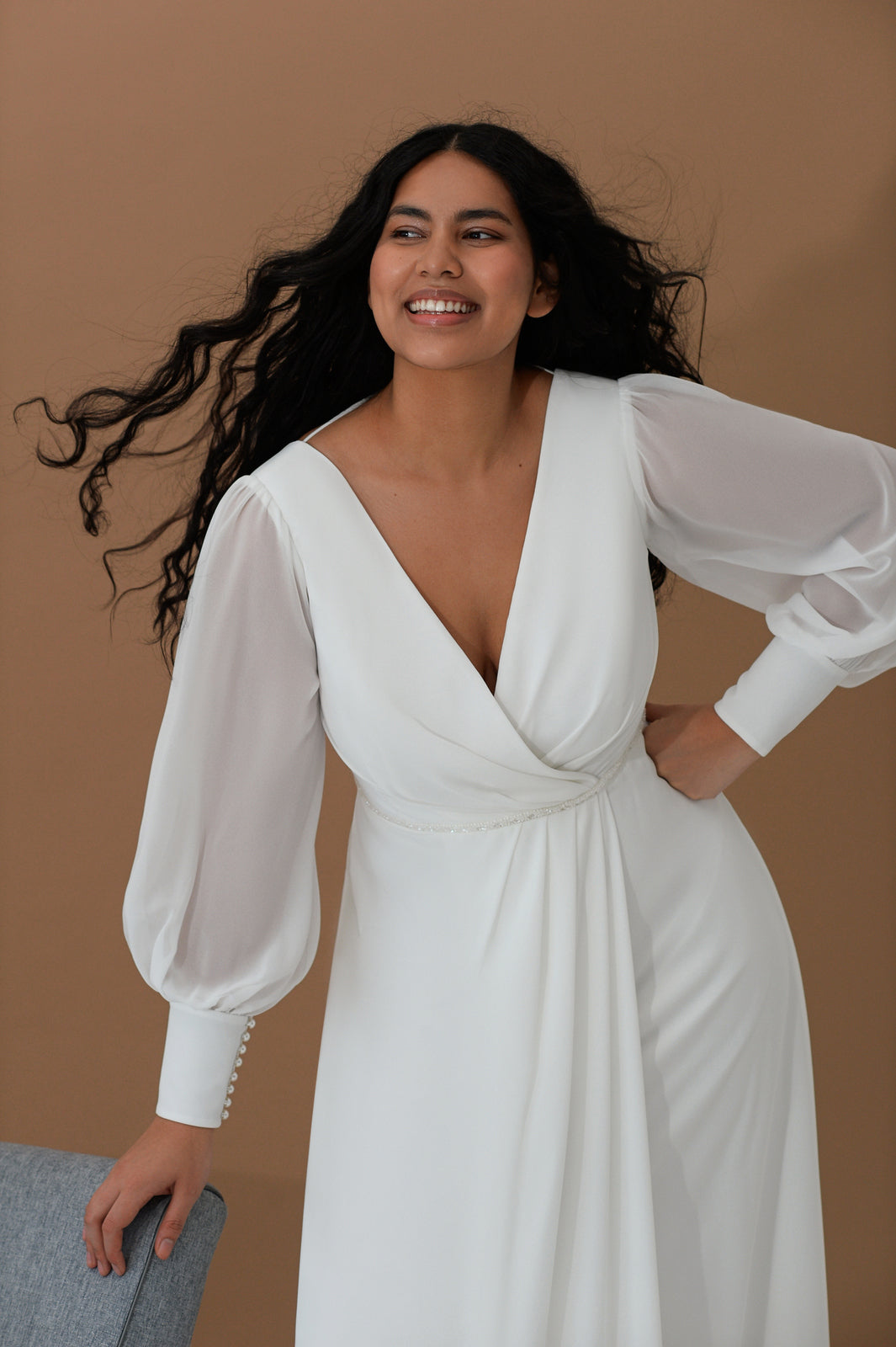 Elegant plus size chiffon bridal gown with puff sleeves