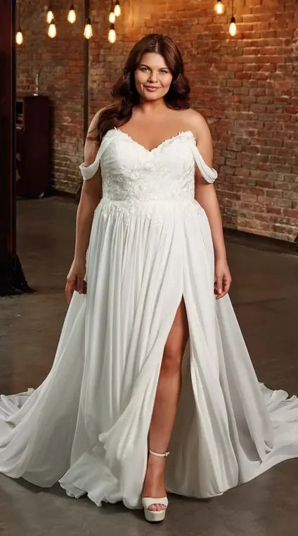 Elegant off-shoulder chiffon wedding gown for plus size brides
