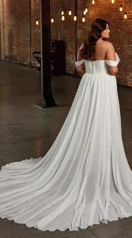 Flattering plus size off-shoulder chiffon wedding dress