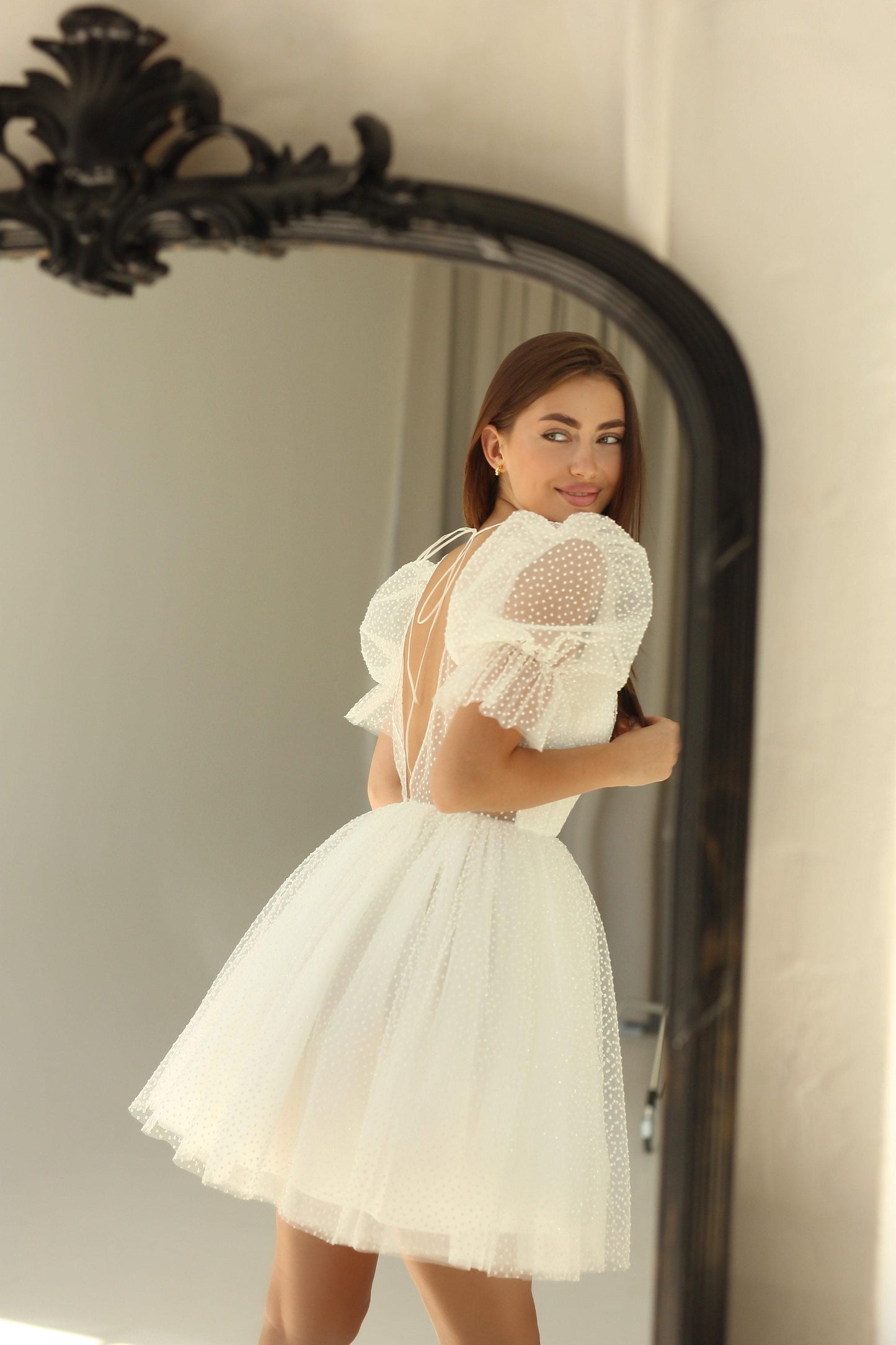 Dots Tulle Mini Wedding Dress: V-Neck Rehearsal Dinner Dress
