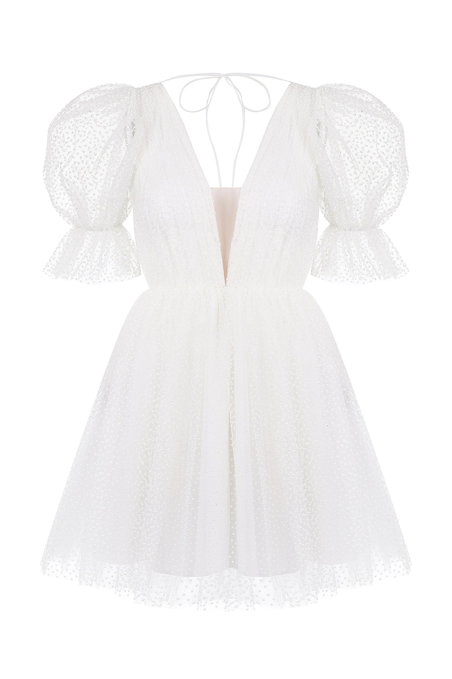 Dots Tulle Mini Wedding Dress: V-Neck Rehearsal Dinner Dress