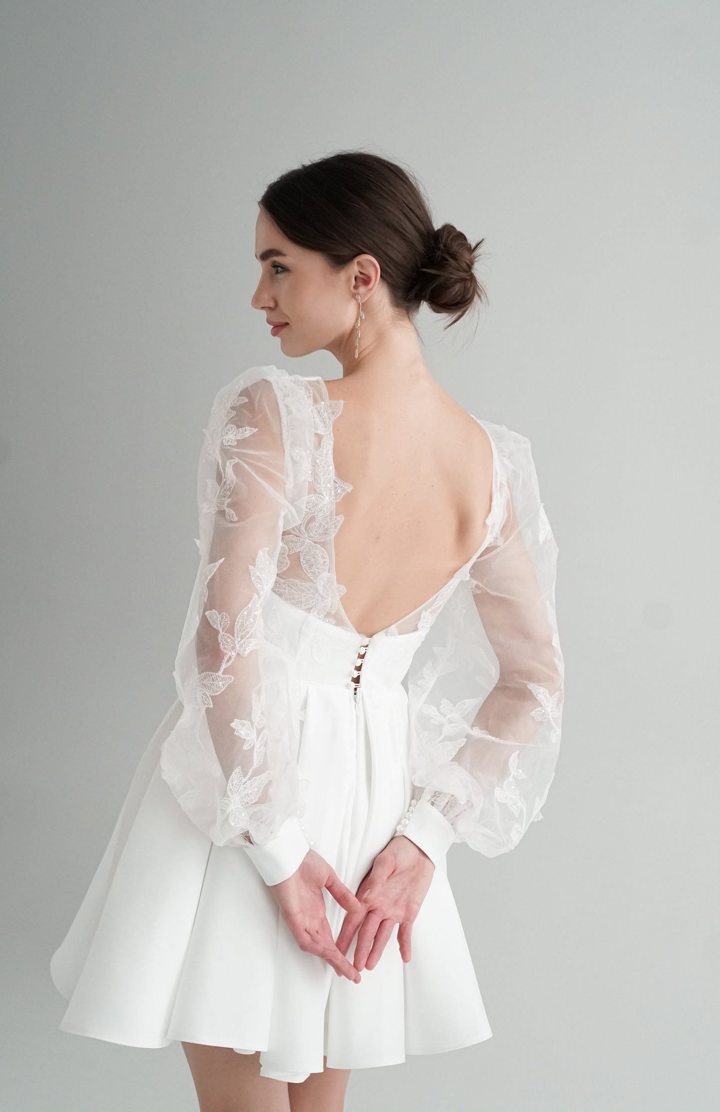 Ivory Short Wedding Dress: Satin Elopement Gown with Lace Sleeves
