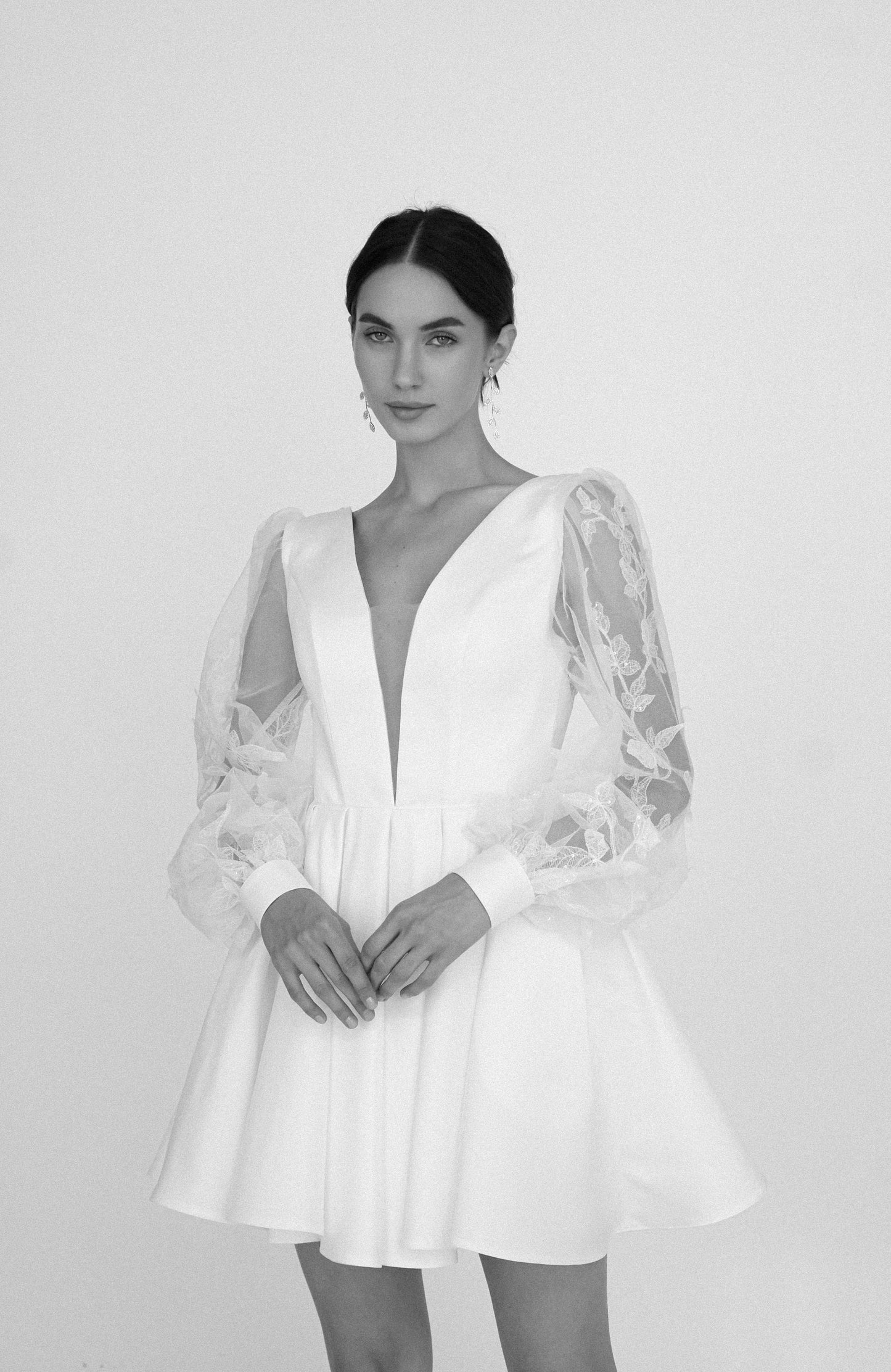 Ivory Short Wedding Dress: Satin Elopement Gown with Lace Sleeves