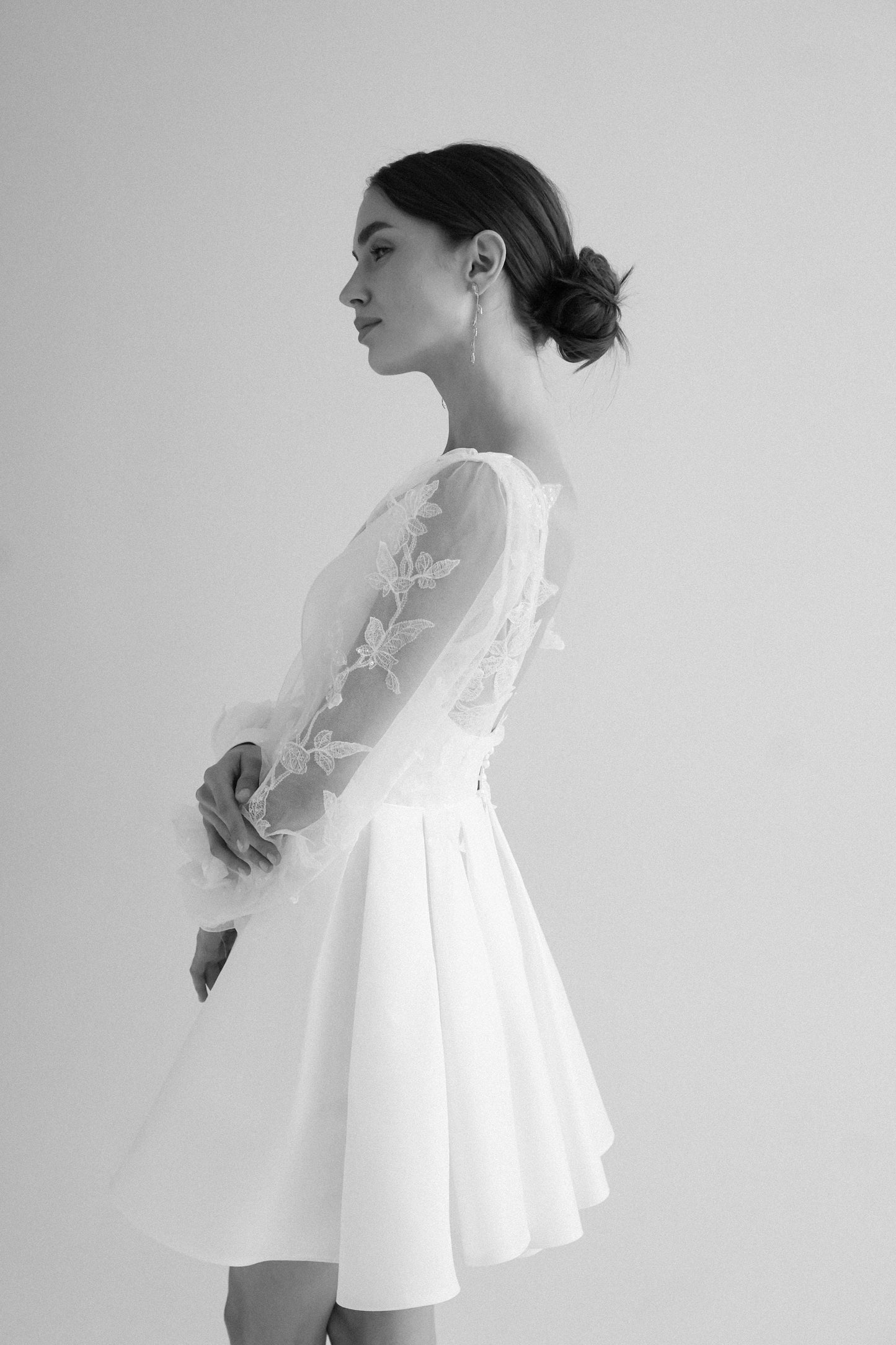Ivory Short Wedding Dress: Satin Elopement Gown with Lace Sleeves