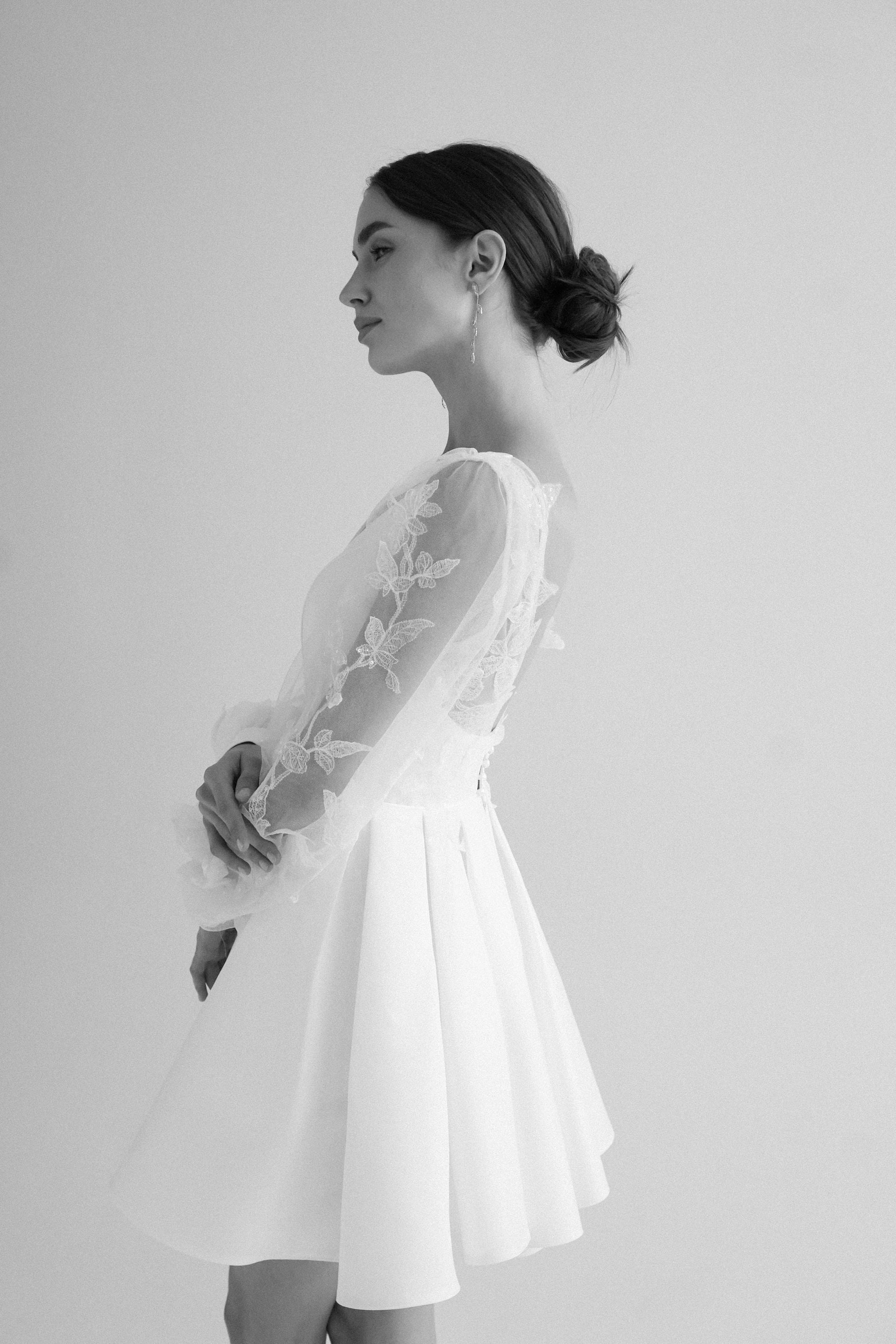 Ivory Short Wedding Dress: Satin Elopement Gown with Lace Sleeves