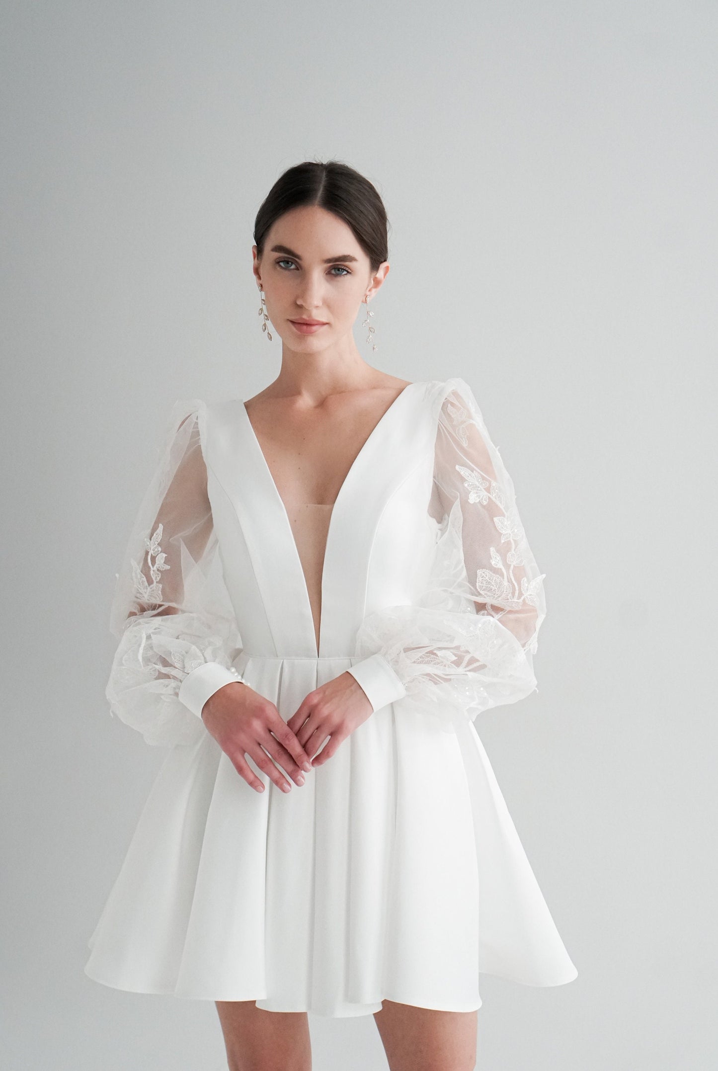 Ivory Short Wedding Dress: Satin Elopement Gown with Lace Sleeves