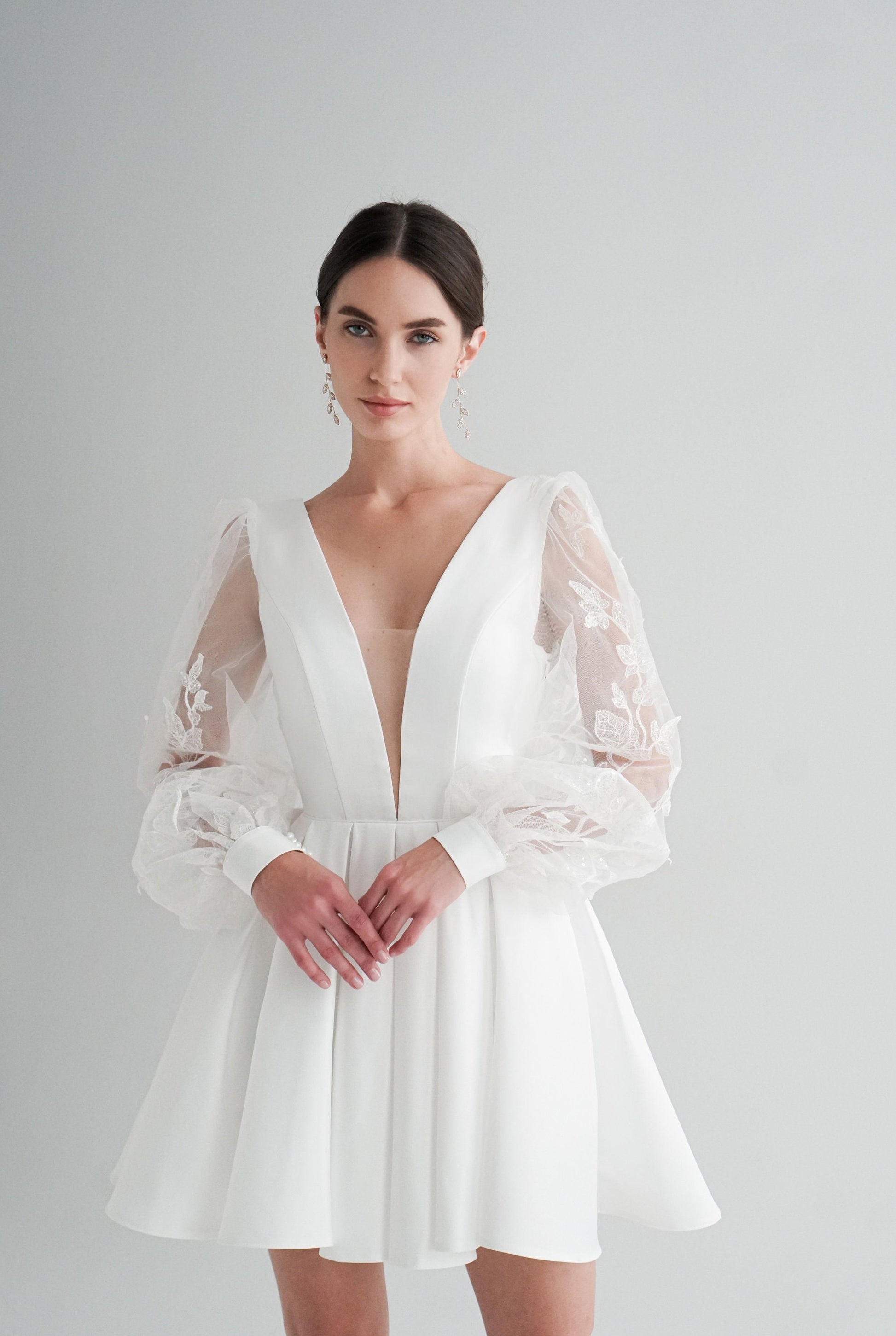 Ivory Short Wedding Dress: Satin Elopement Gown with Lace Sleeves