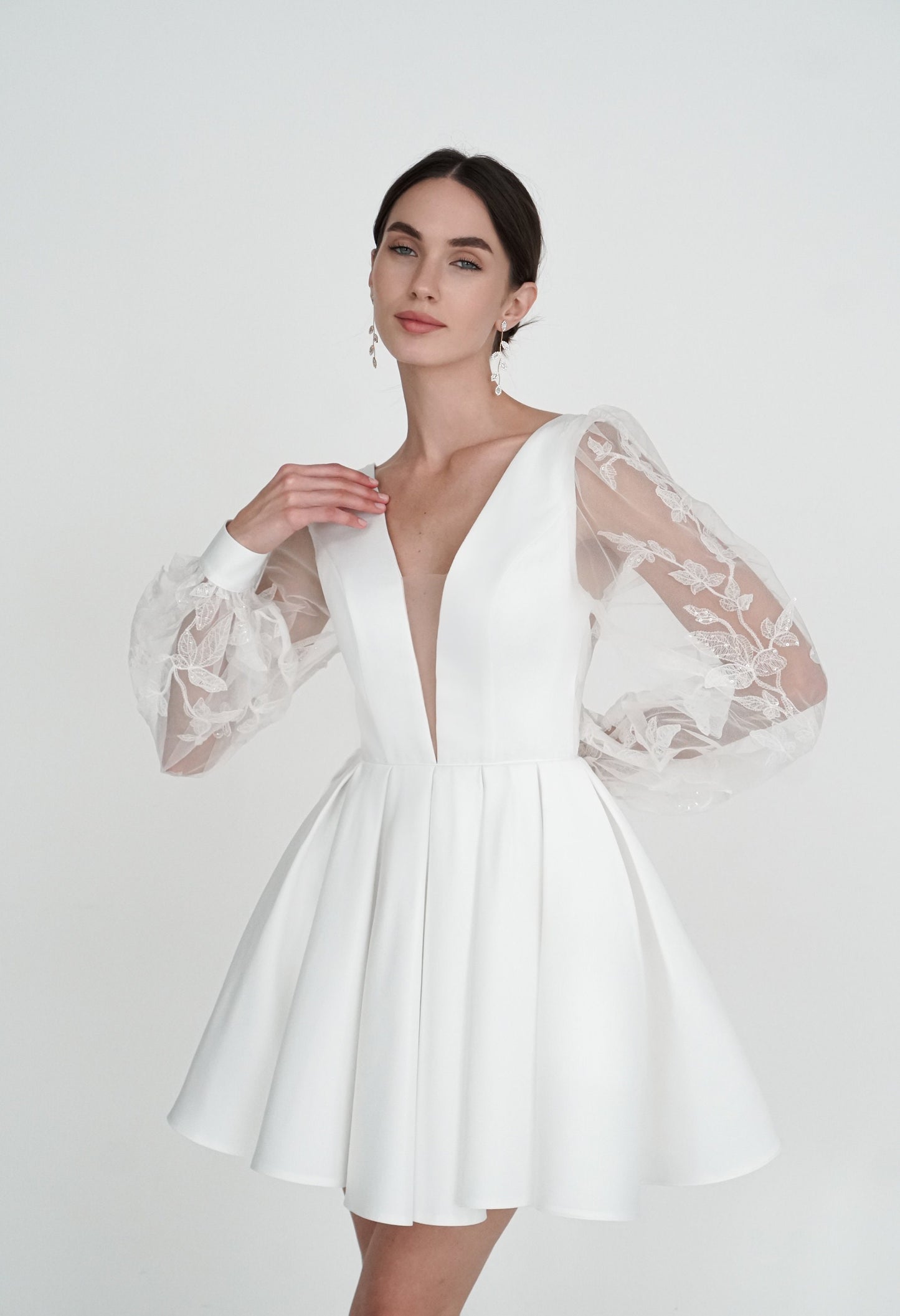 Ivory Short Wedding Dress: Satin Elopement Gown with Lace Sleeves