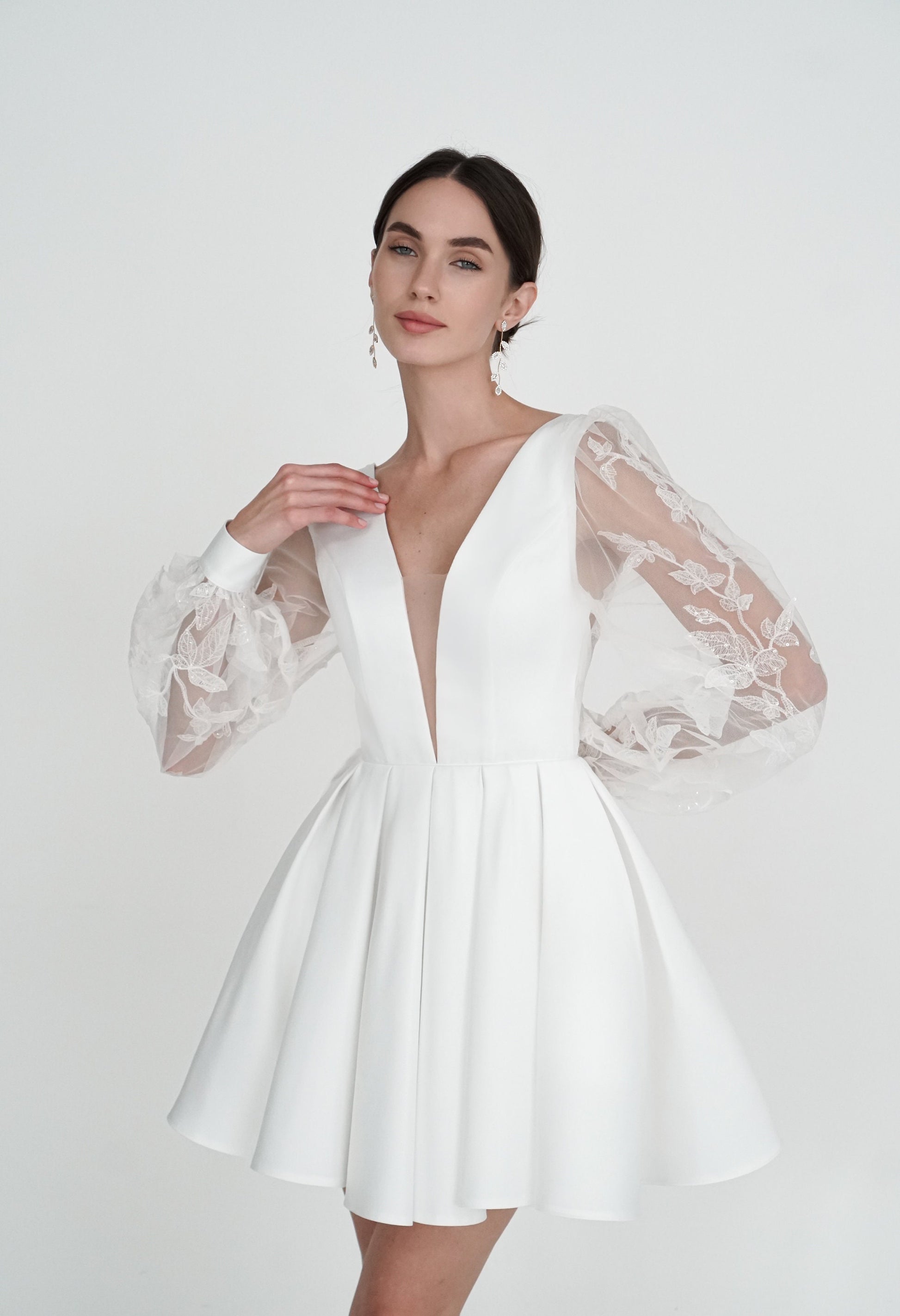 Ivory Short Wedding Dress: Satin Elopement Gown with Lace Sleeves