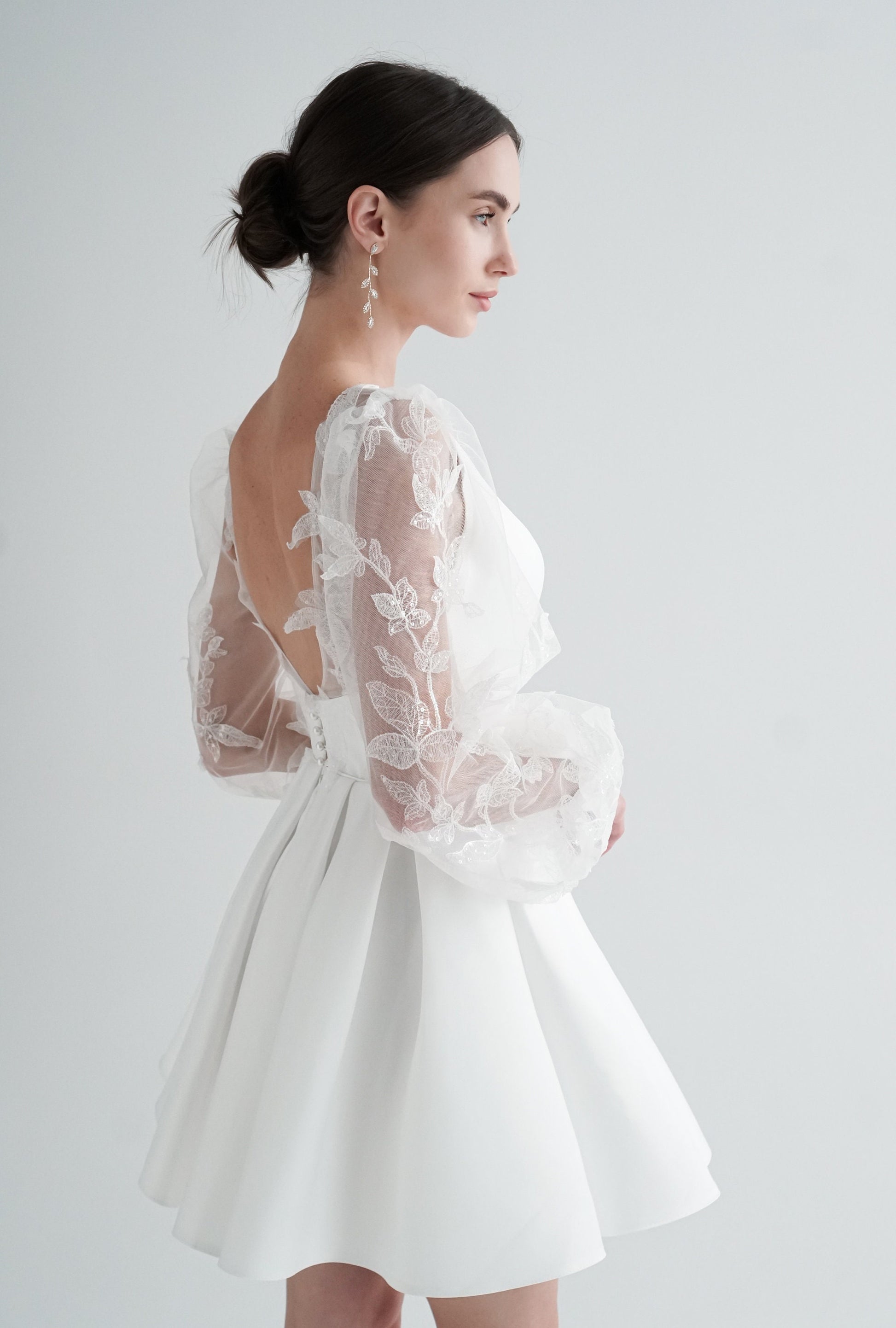 Ivory Short Wedding Dress: Satin Elopement Gown with Lace Sleeves