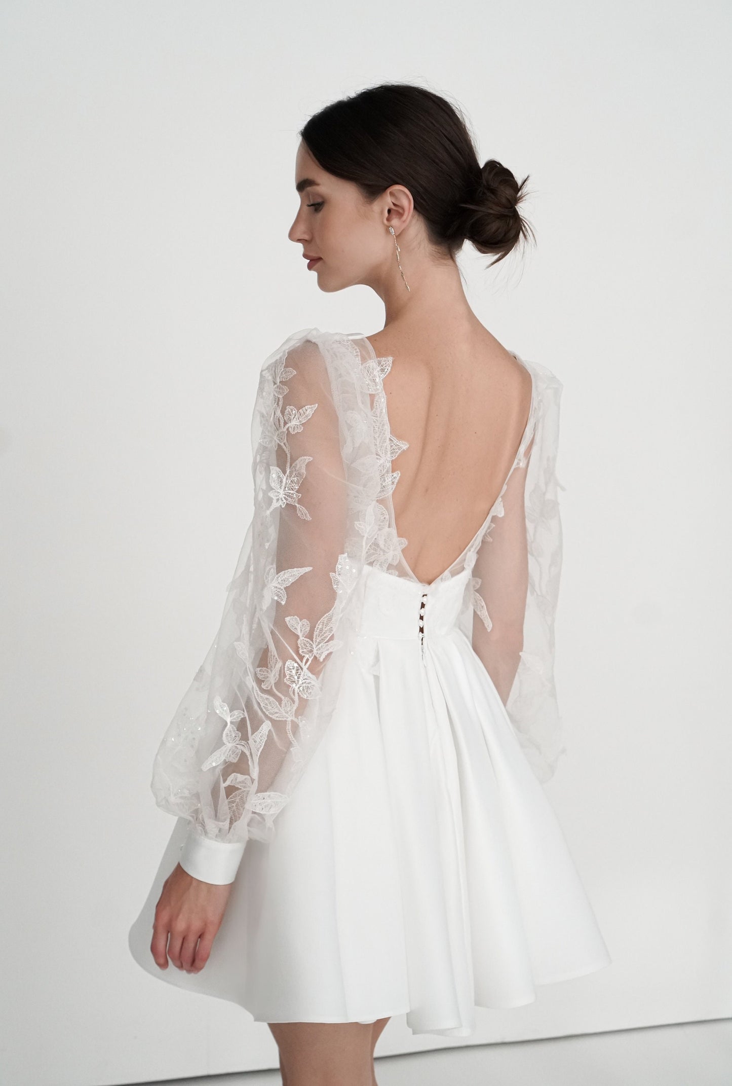 Ivory Short Wedding Dress: Satin Elopement Gown with Lace Sleeves
