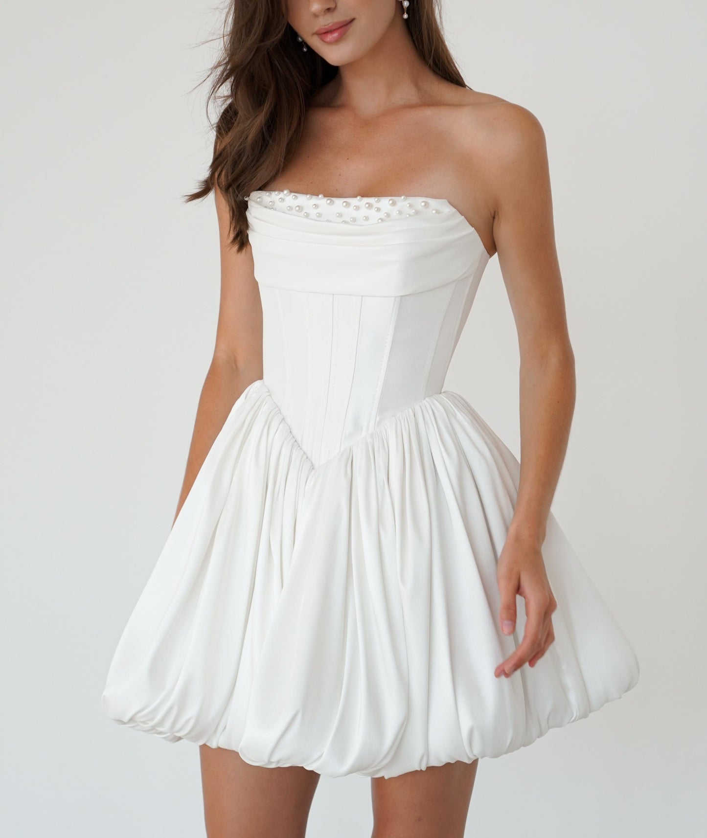 Mikado Mini Wedding Dress: Corset, Bubble Skirt, Pearl Details