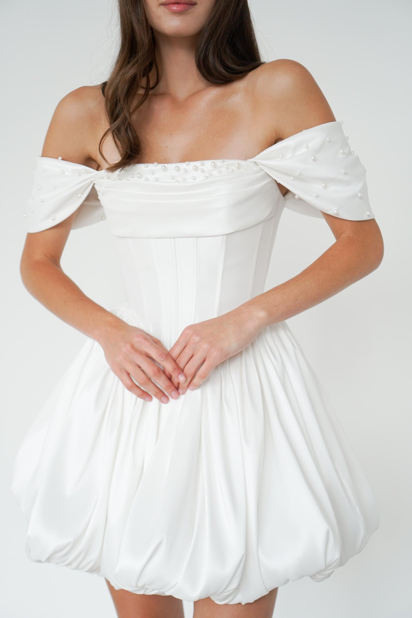 Mikado Mini Wedding Dress: Corset, Bubble Skirt, Pearl Details