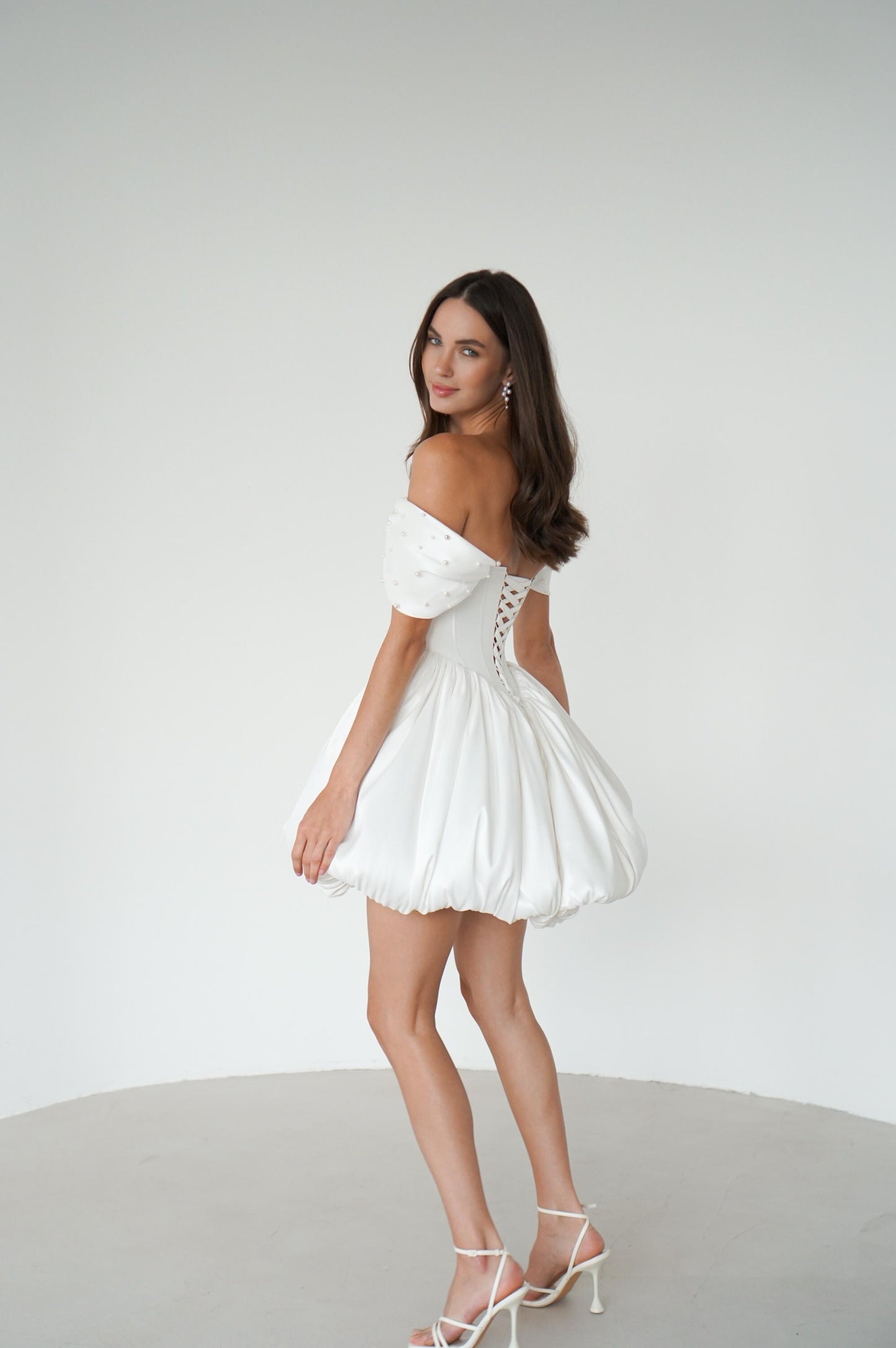 Mikado Mini Wedding Dress: Corset, Bubble Skirt, Pearl Details