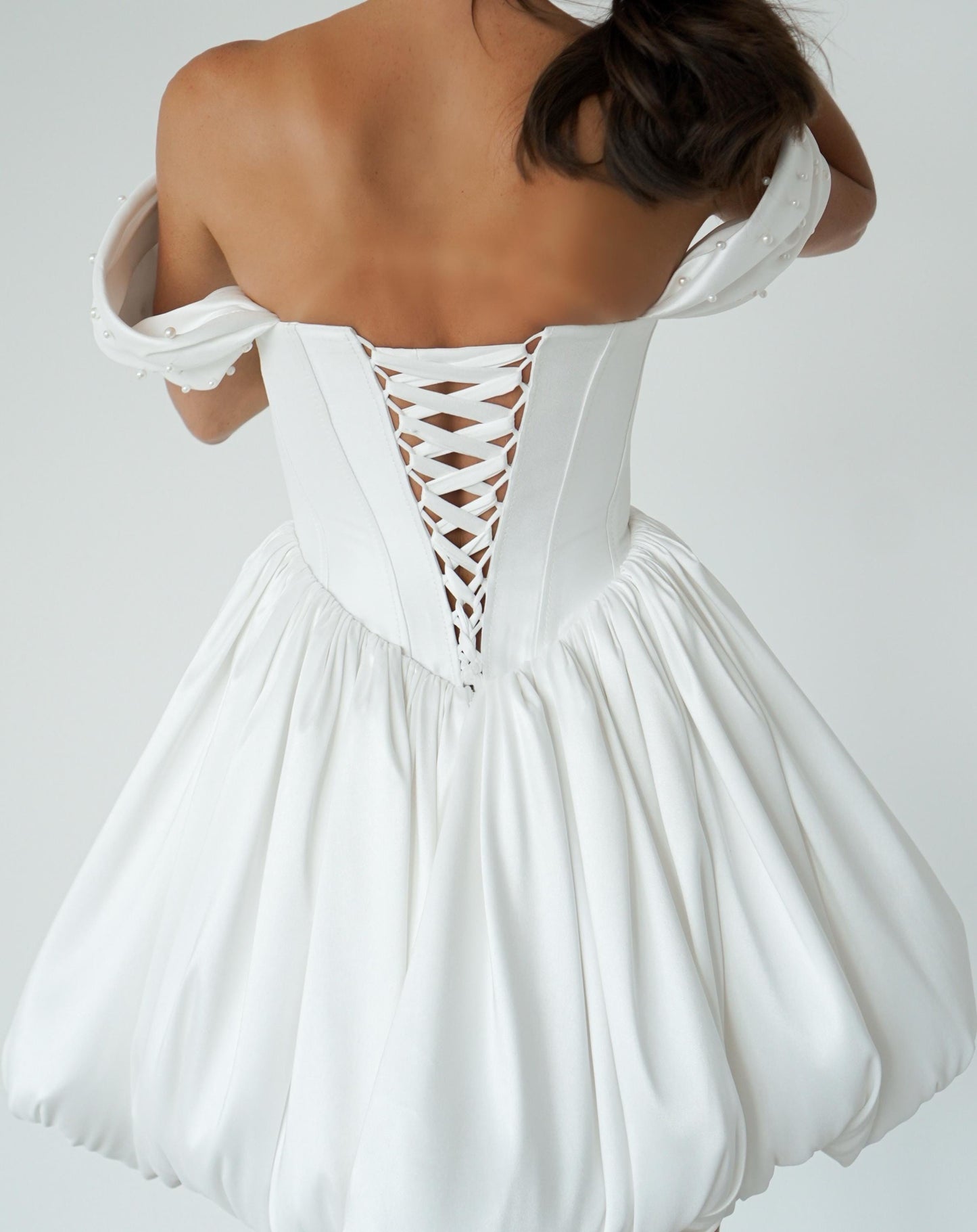 Mikado Mini Wedding Dress: Corset, Bubble Skirt, Pearl Details