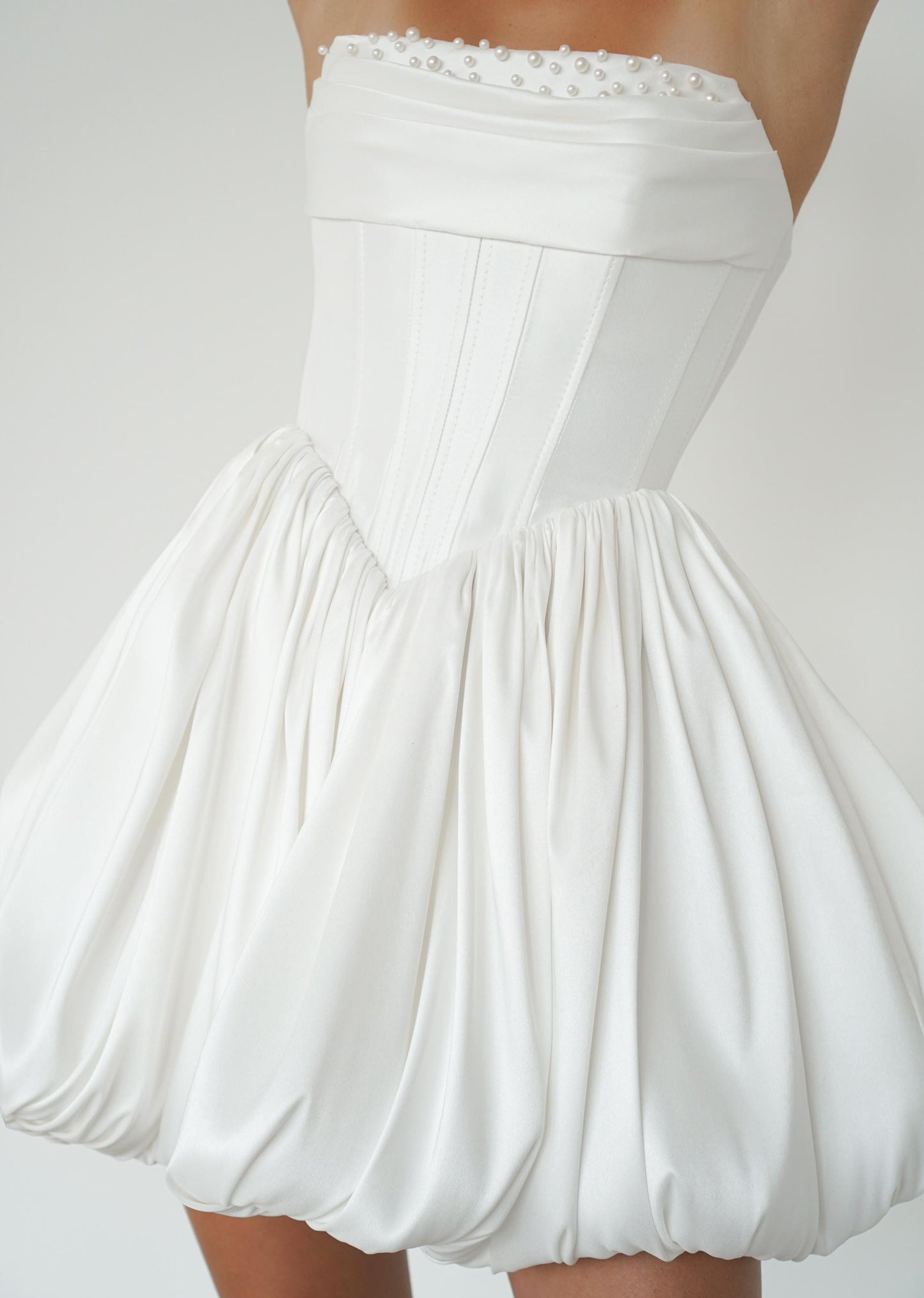 Mikado Mini Wedding Dress: Corset, Bubble Skirt, Pearl Details