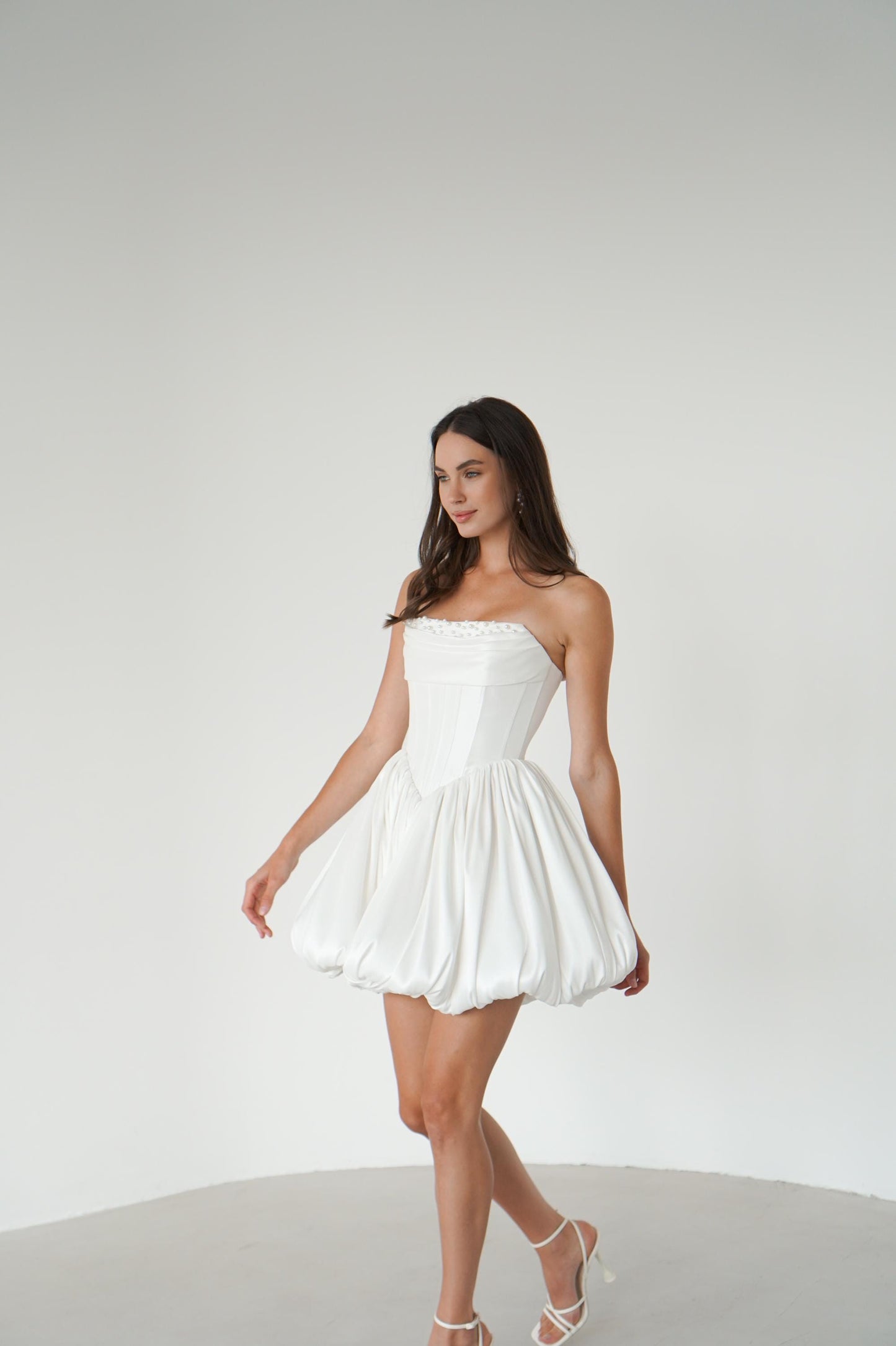 Mikado Mini Wedding Dress: Corset, Bubble Skirt, Pearl Details
