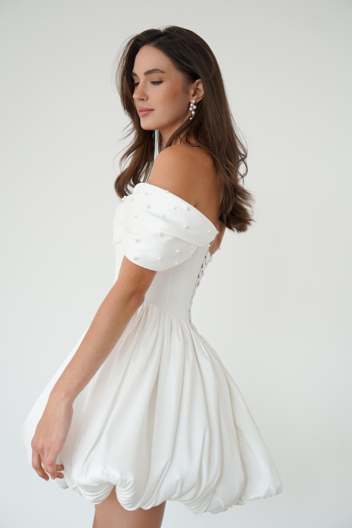 Mikado Mini Wedding Dress: Corset, Bubble Skirt, Pearl Details
