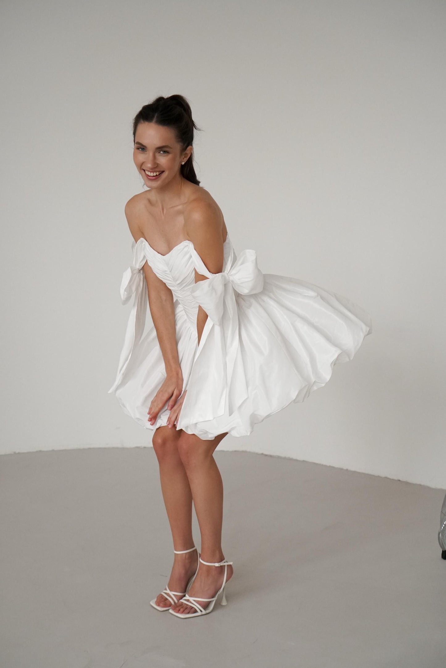Mini Taffeta Wedding Dress: Basque Waist, Bubble Skirt, Bow Sleeves