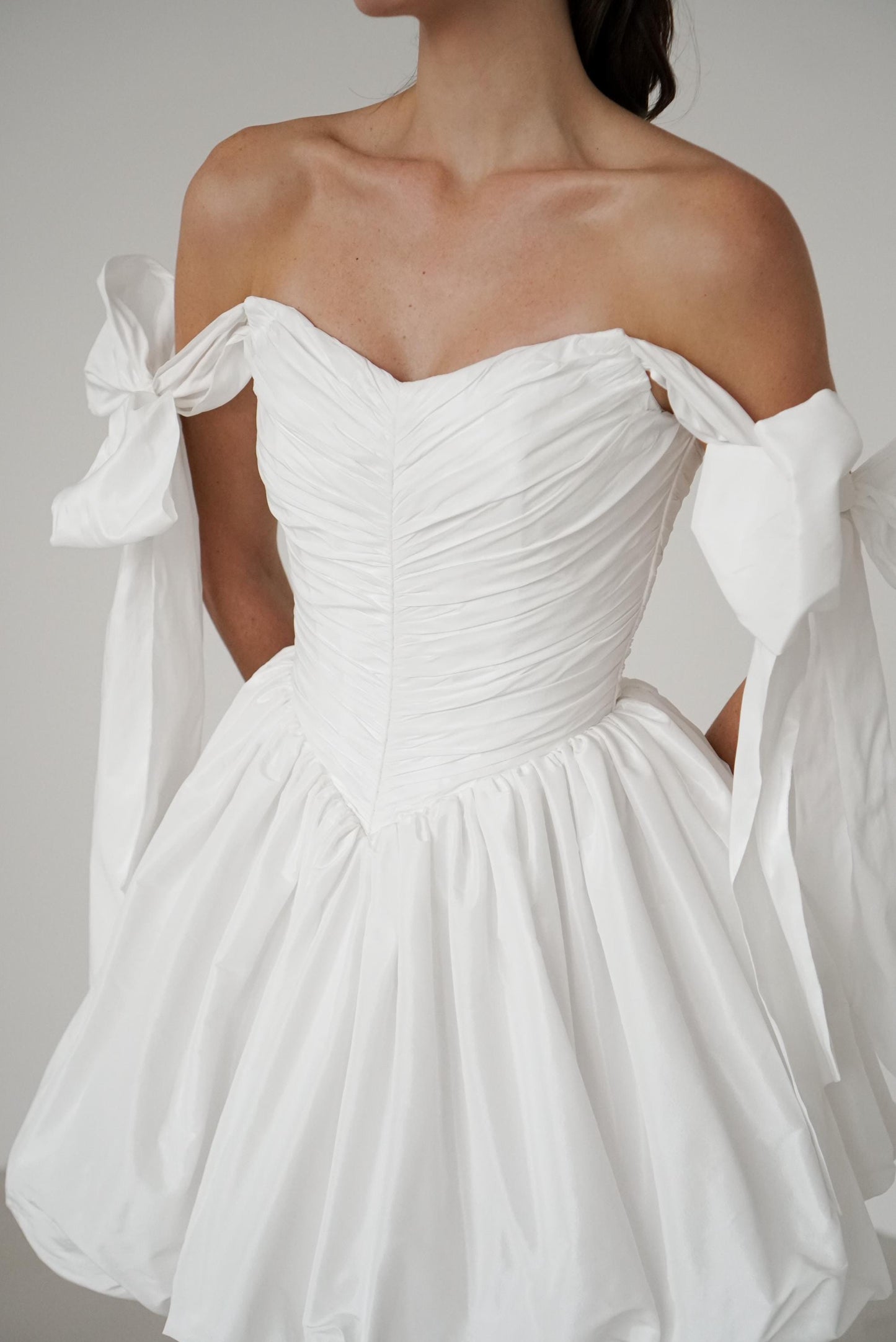 Mini Taffeta Wedding Dress: Basque Waist, Bubble Skirt, Bow Sleeves