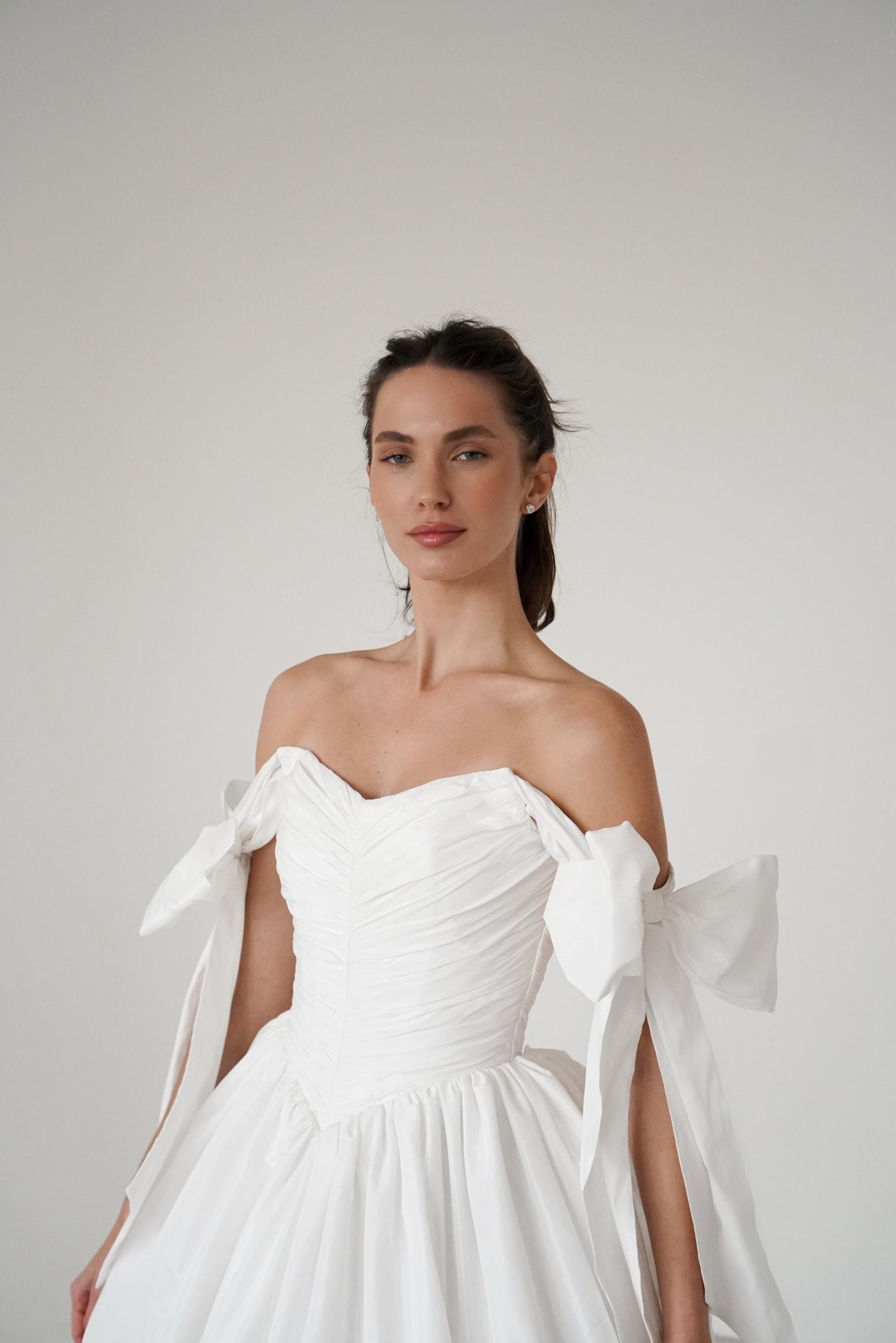 Mini Taffeta Wedding Dress: Basque Waist, Bubble Skirt, Bow Sleeves