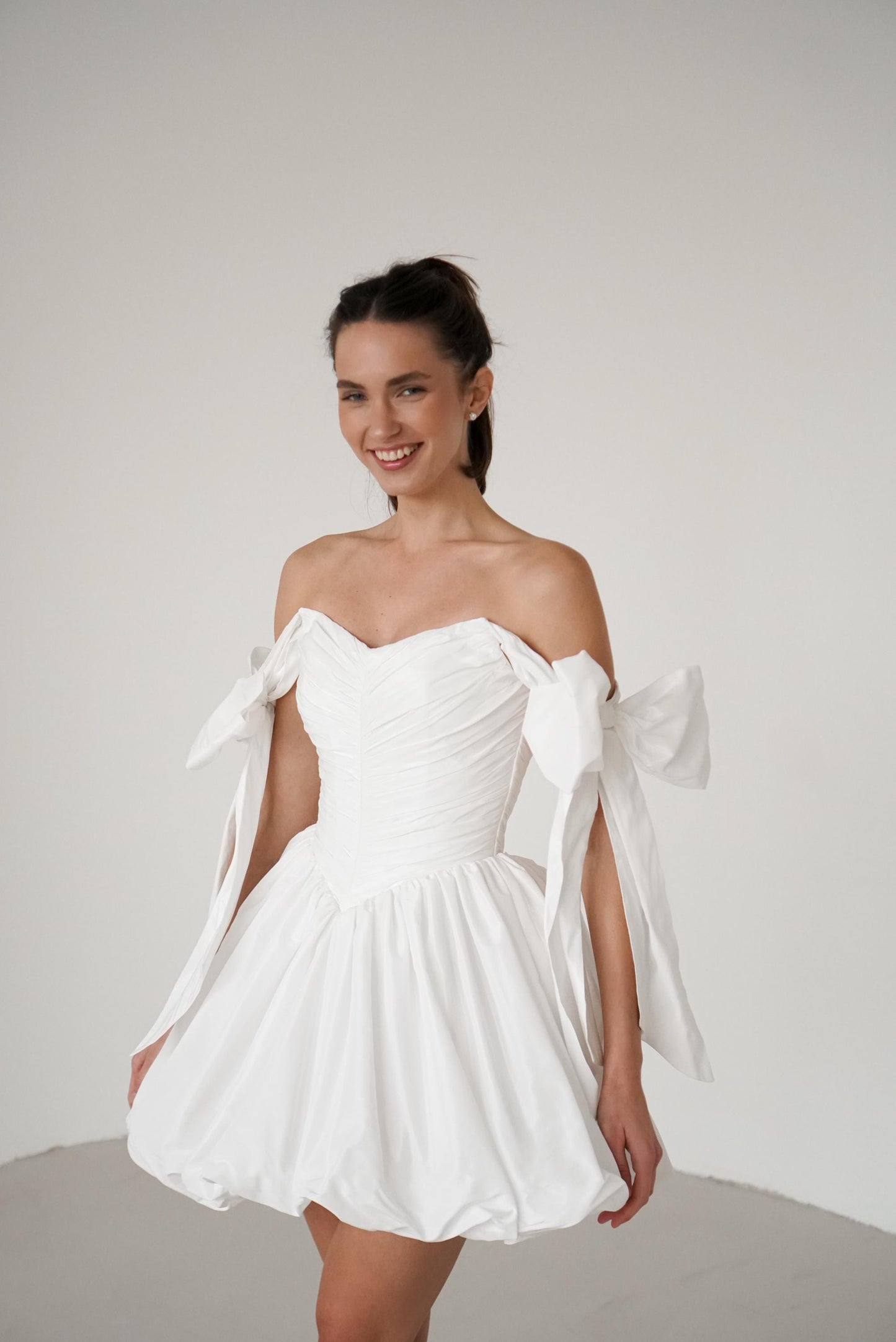 Mini Taffeta Wedding Dress: Basque Waist, Bubble Skirt, Bow Sleeves