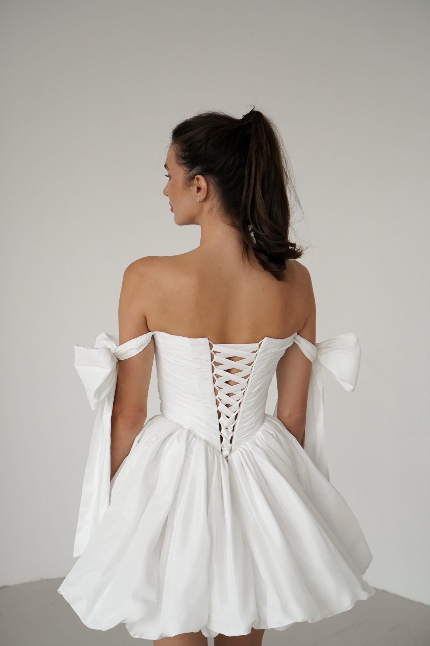 Mini Taffeta Wedding Dress: Basque Waist, Bubble Skirt, Bow Sleeves