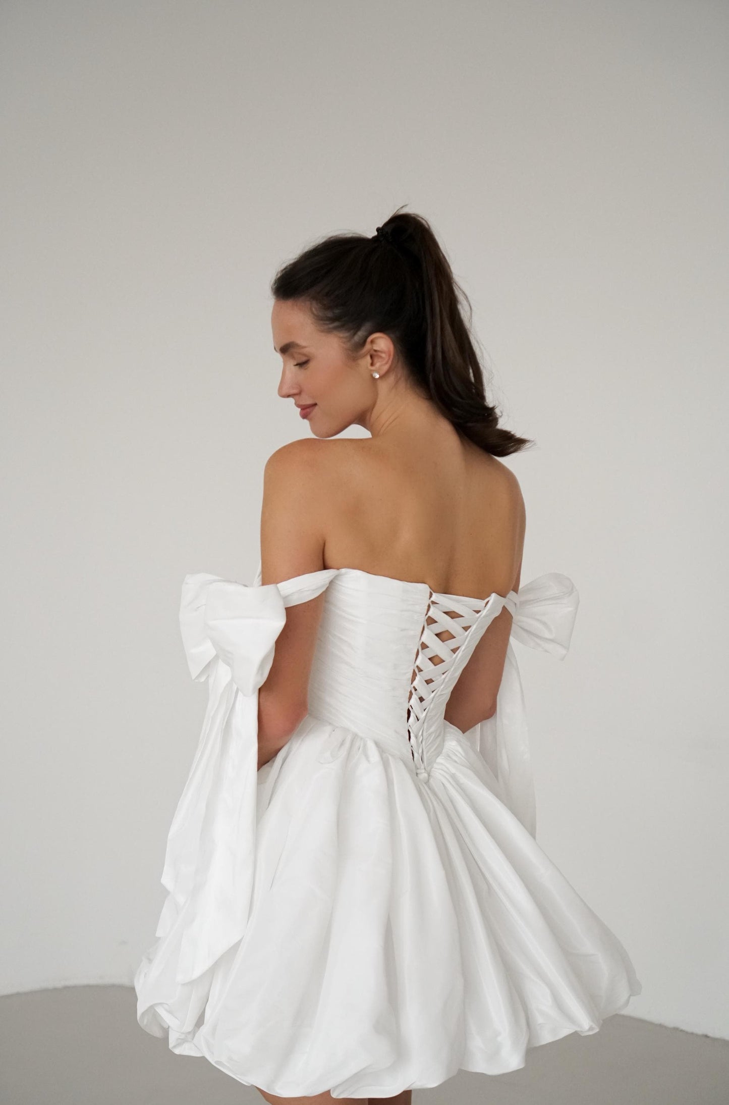 Mini Taffeta Wedding Dress: Basque Waist, Bubble Skirt, Bow Sleeves