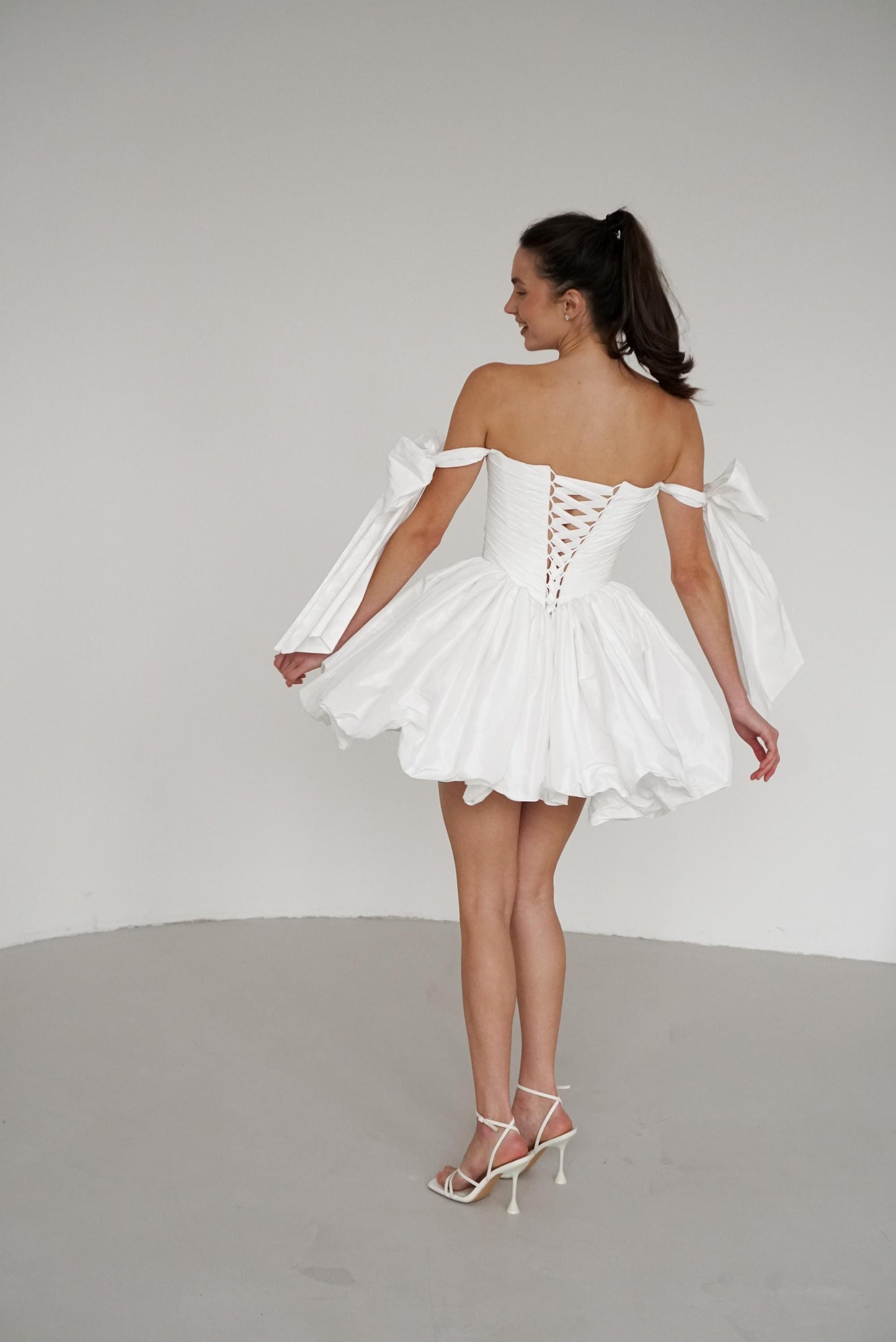 Mini Taffeta Wedding Dress: Basque Waist, Bubble Skirt, Bow Sleeves
