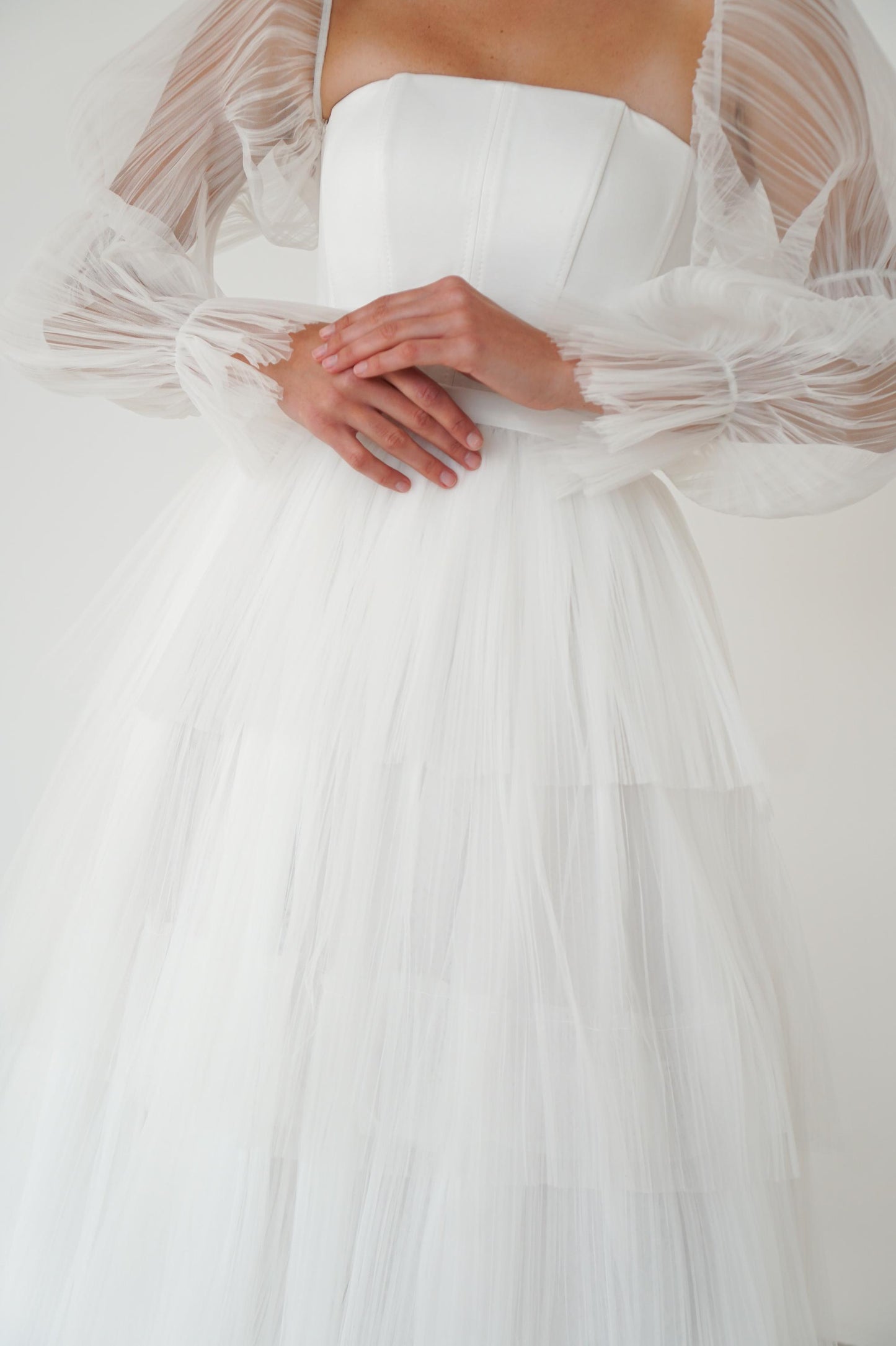 Satin Corset Wedding Midi Dress: Tulle Sleeves, Lace-Up Back