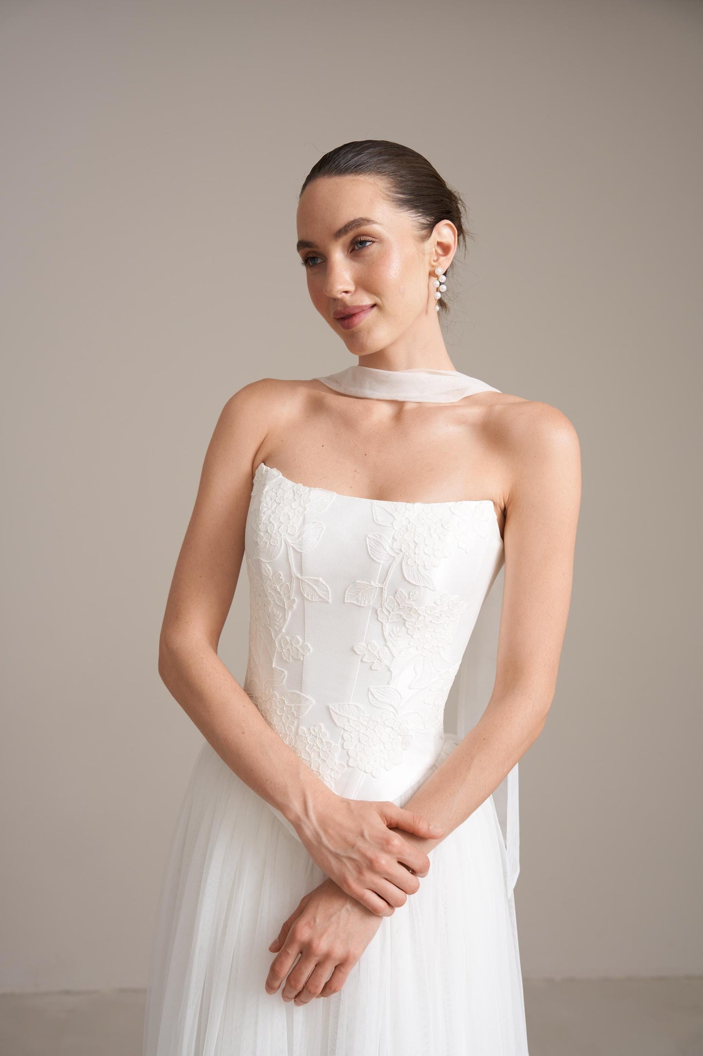 Lace Appliqué Mikado Bridal Corset: Drop Waist Wedding Top