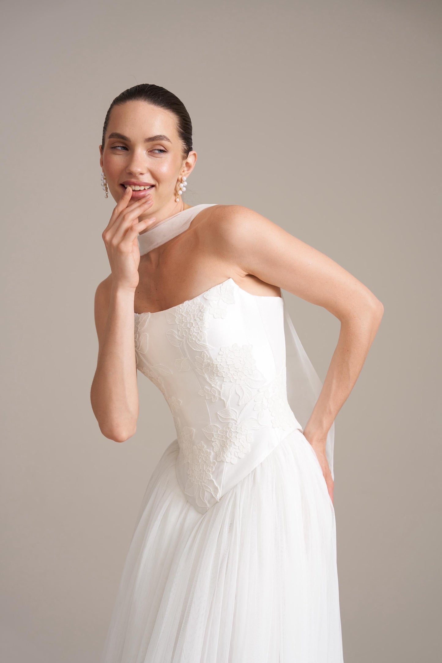 Lace Appliqué Mikado Bridal Corset: Drop Waist Wedding Top