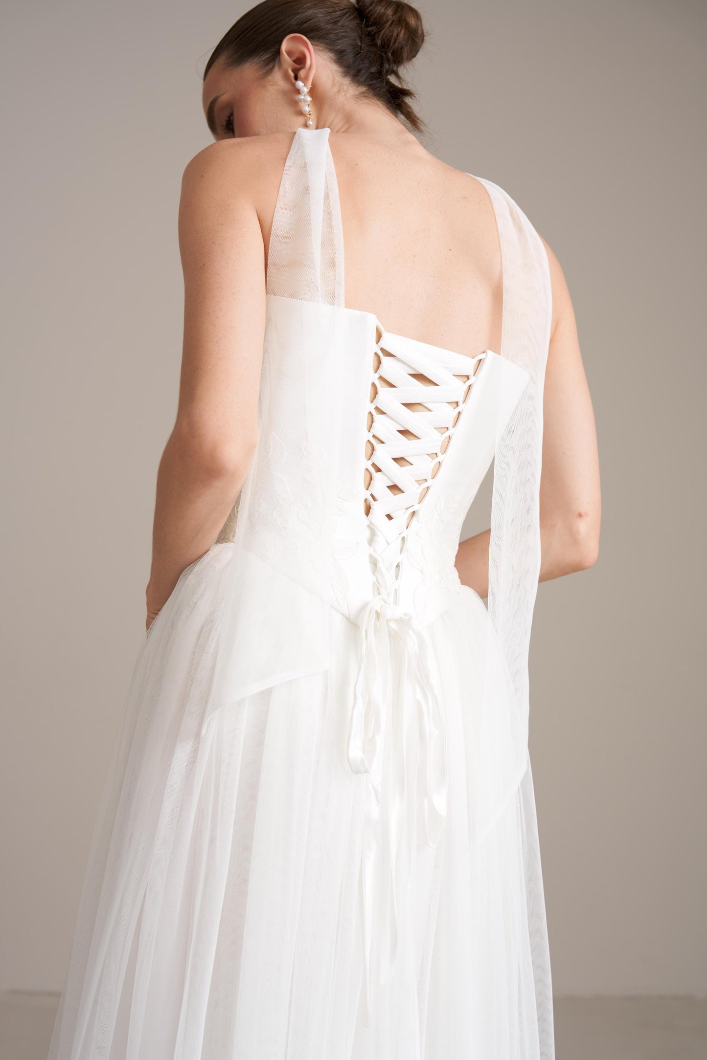 Lace Appliqué Mikado Bridal Corset: Drop Waist Wedding Top