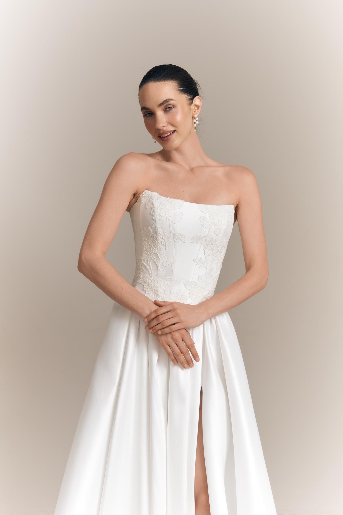 Lace Appliqué Mikado Bridal Corset: Drop Waist Wedding Top