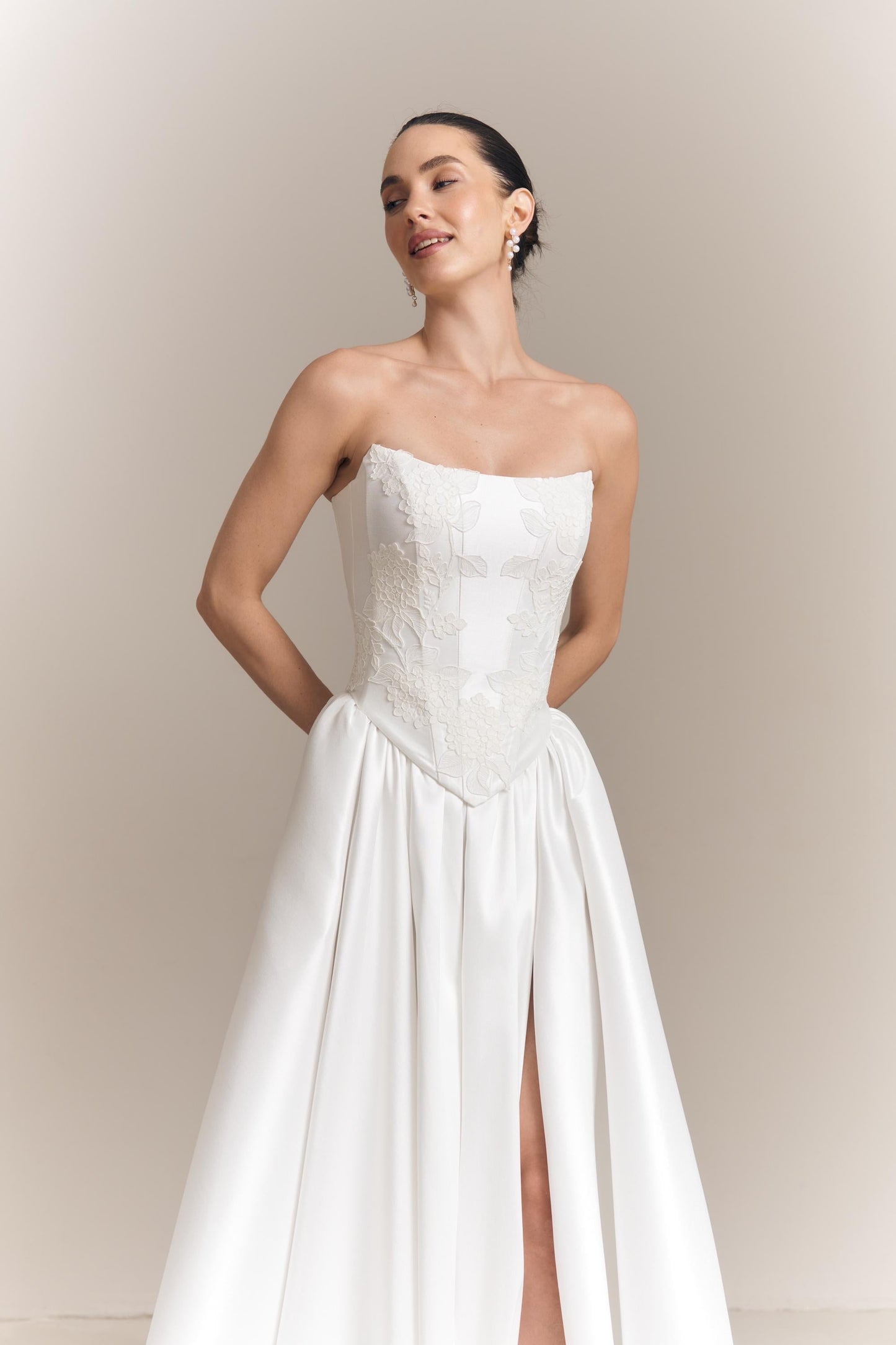 Lace Appliqué Mikado Bridal Corset: Drop Waist Wedding Top