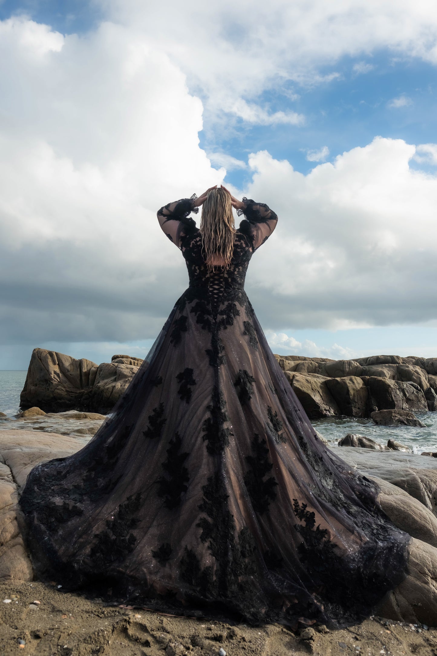 Lace detailed black bridal gown for plus size women, romantic and dramatic