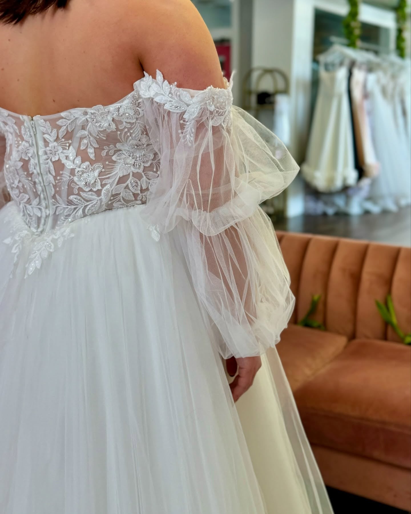 Curvy bride dress with intricate lace and soft sleeves