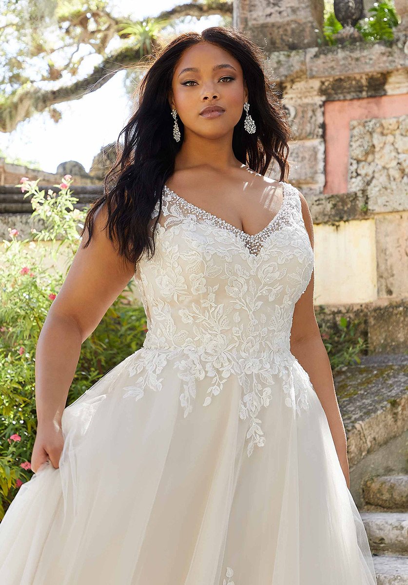 Open back wedding gown with illusion lace for curvy brides