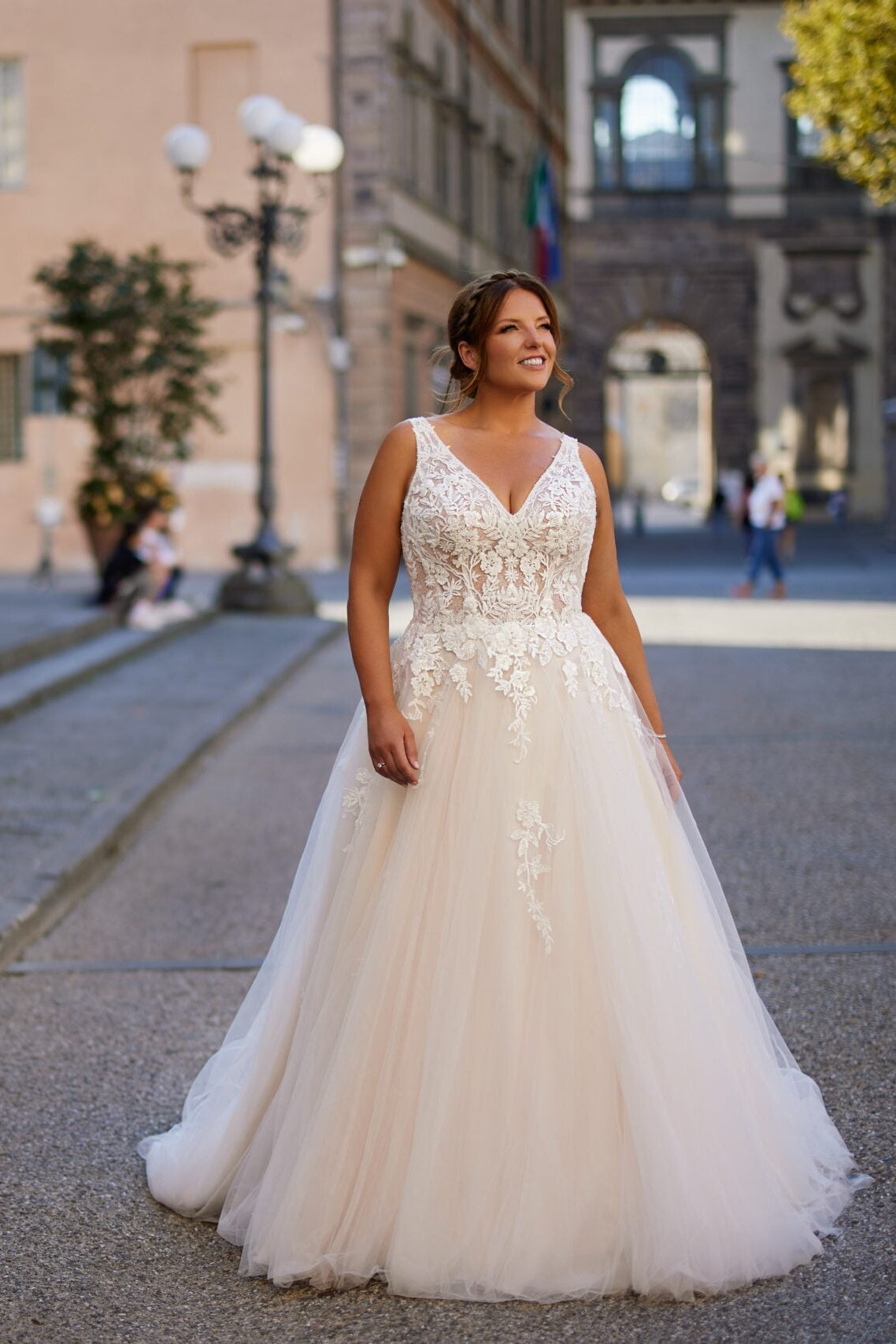 Plus size backless lace wedding dress with V-neck front view