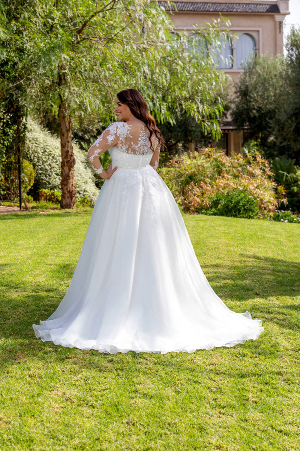 Plus size lace A-line wedding dress back view