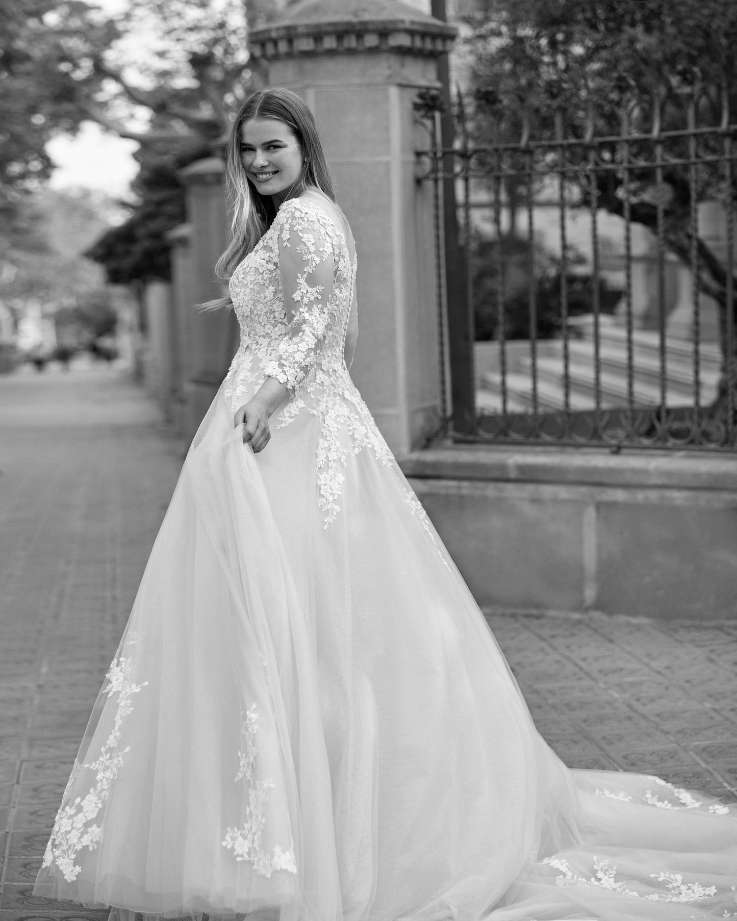 Plus size long sleeve lace wedding dress back view