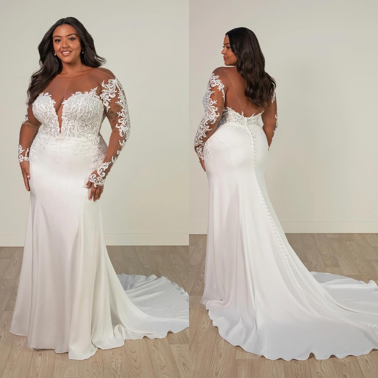 Plus size mermaid wedding dress with lace bodice and long sleeves