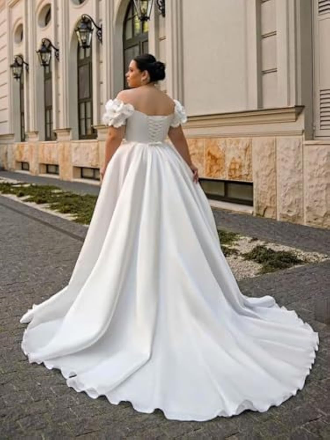 Plus size satin off-shoulder A-line wedding dress back view